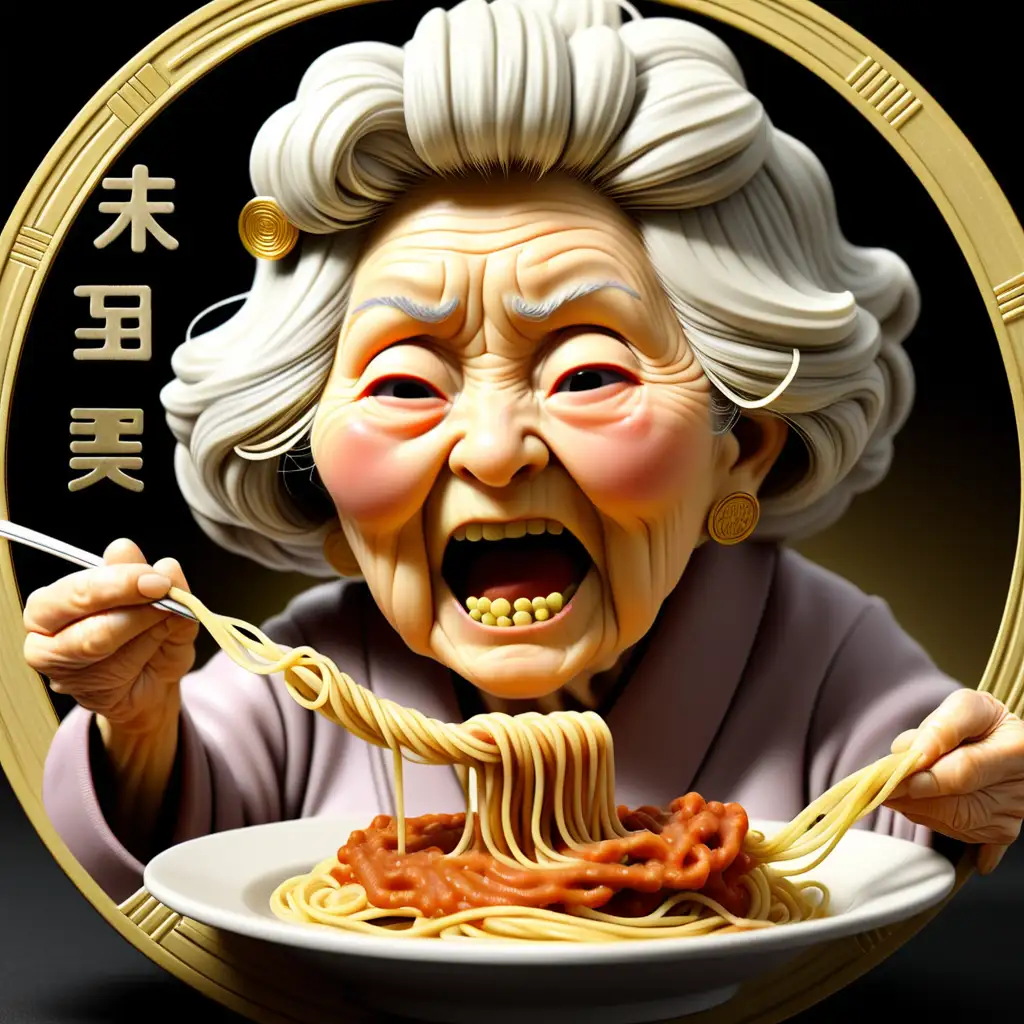 Japanese Grandma Enjoying Moms Spaghetti Next to Gold Coin