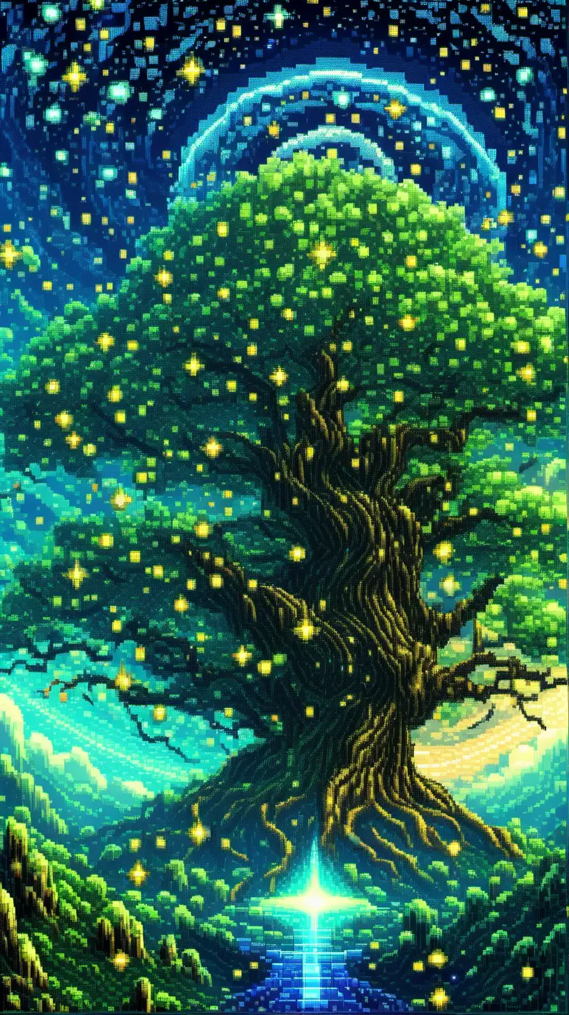 pixel art, bright painting of a tree with stars in the sky, in the style of dreamlike fantasy creatures, multilayered dimensions, swirling vortexes, realistic color schemes, dark green and light blue, light-filled landscapes, mystic mechanisms --ar 71:128 --stylize 750 --v 6