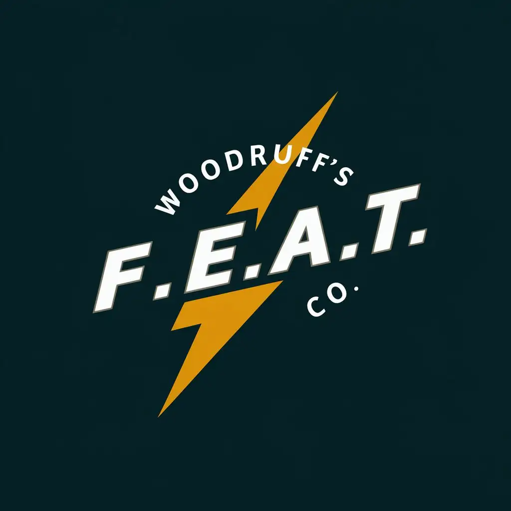 logo, a bolt of energy, with the text "Woodruff's F.E.A.T. Co.", typography, be used in Technology industry