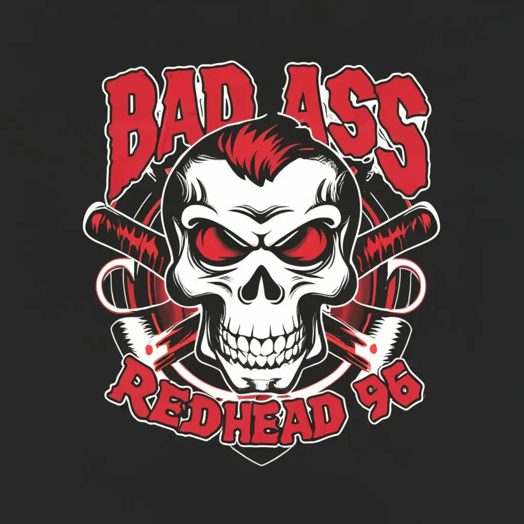 logo, Skull, with the text "BADASSREDHEAD96", typography, be used in Entertainment industry