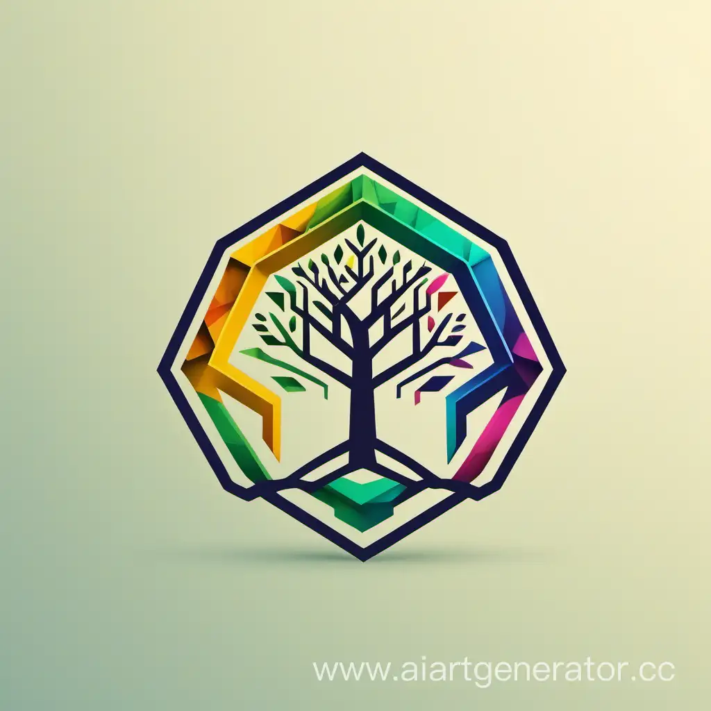 логотип для студии аддитивных технологий в виде дерева шестигранной формы и стреловидной верхушкой, густыми ветвями, корнями, цветное, минимализм