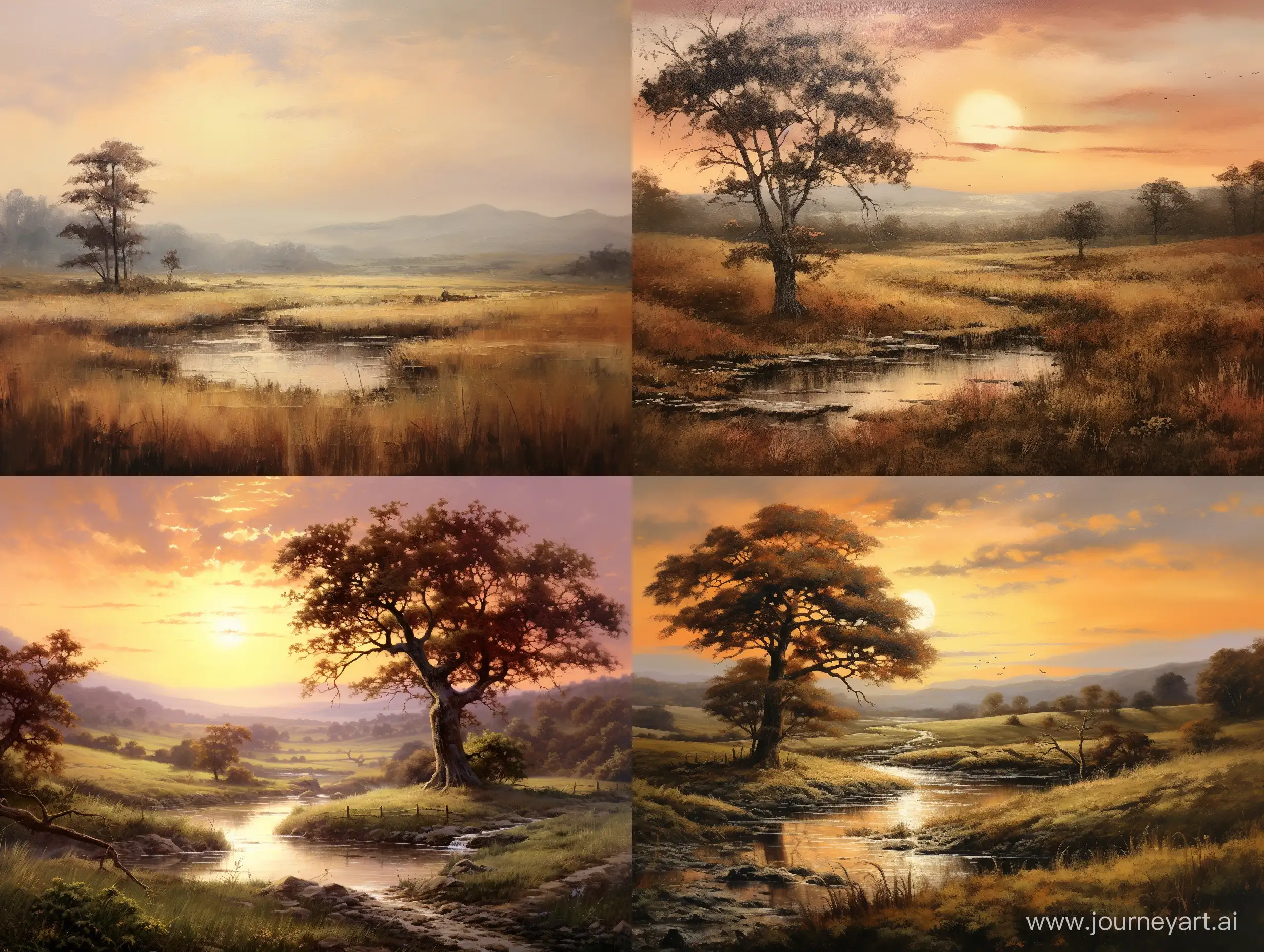 an oil painting depicting an untouched natural landscape with a vintage feel, encompassing a palette of gray, gold, and brown tones, the scene highlighting the rustic beauty of rolling hills dotted with ancient trees, a tranquil brook winding through a meadow, the sky painted with the soft light of a setting sun casting long shadows and adding a golden sheen to the grass, an atmosphere of serene beauty and timeless elegance 