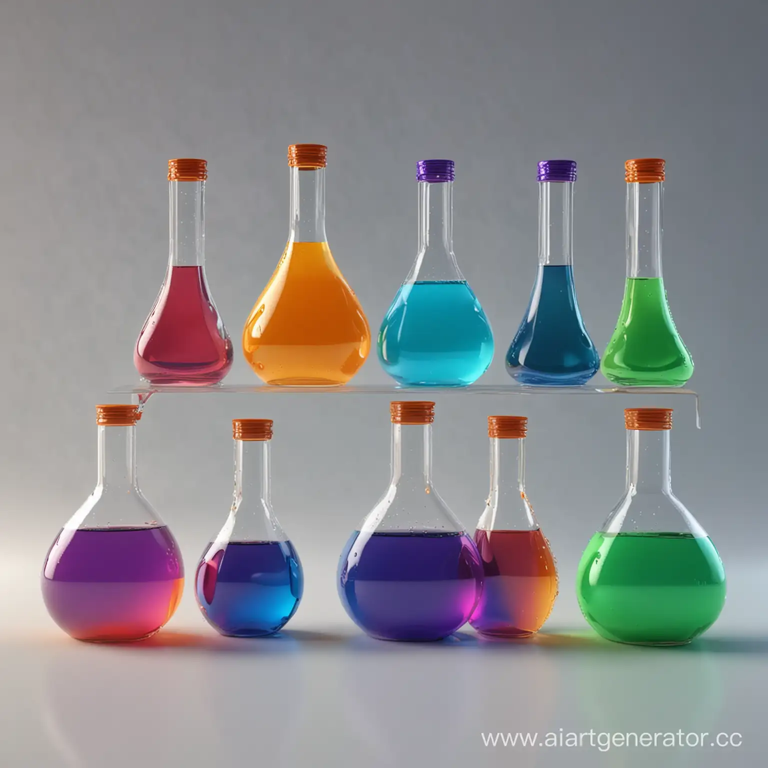 several flasks of different shapes with multi-colored liquids, the colors of the liquids are green, red, yellow, orange, purple, blue, 3d render