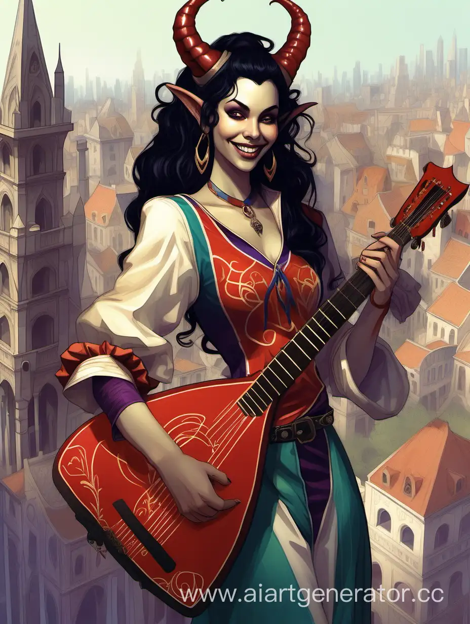 woman, tiefling, long horns,  black hair, smiling , white skin, bright clothes of a jester, holding a lute, behind a fantasy city