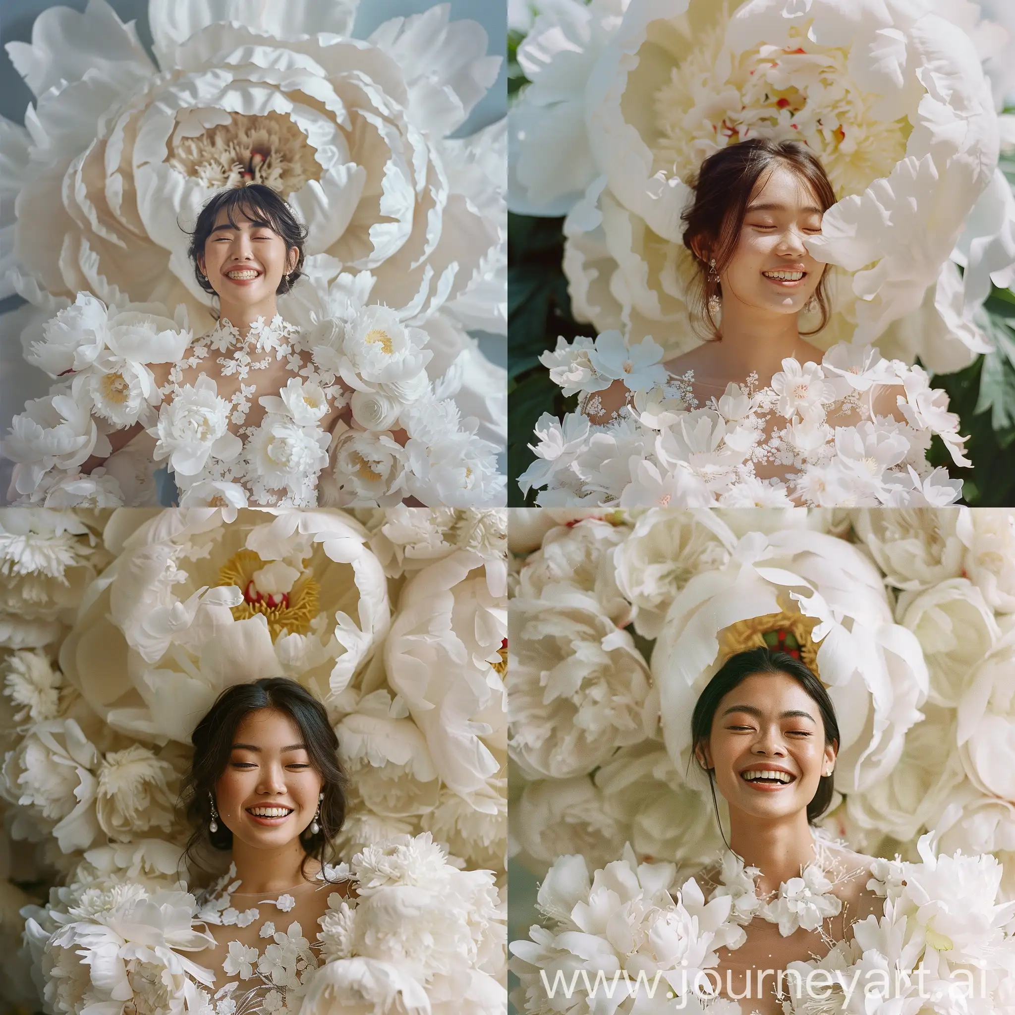A stunning intricate shot of a beautiful happy asian bride is wearing white flower dress with big flowers,giant white peony flower behind of bride,sharp focus,natural lighting,subsurface scattering,f2,35mm,film grain