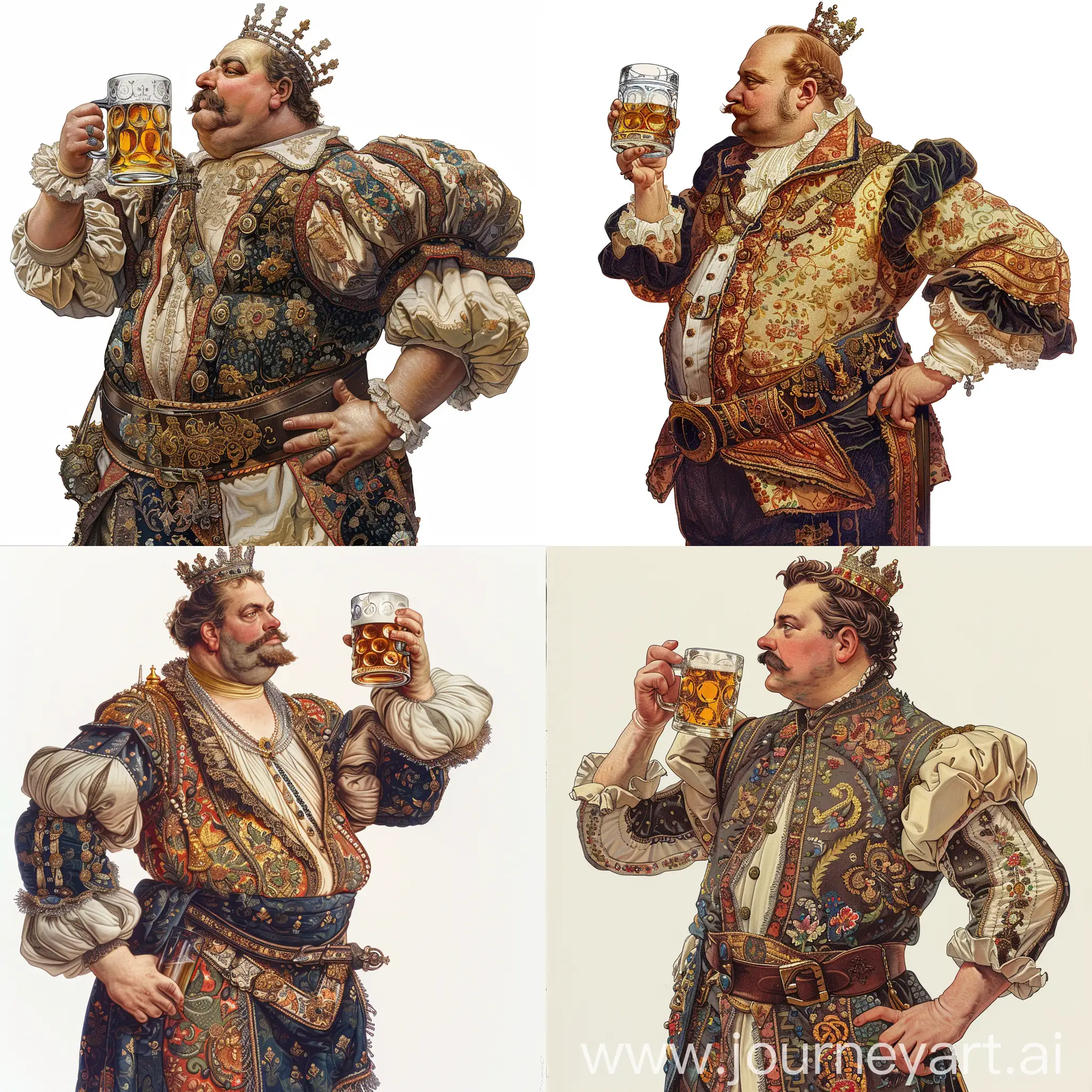 The king of ancient  Austria, portly, in profile, portrait above the waist, with a crown on his head, looking straight, in antique ornate exquisite clothes with puffy sleeves, holding a glass mug with beer, at chin level, the other arm bent at the elbow, on the belt, complex colors, illustration, on a white background, Style Arthur Wrexham