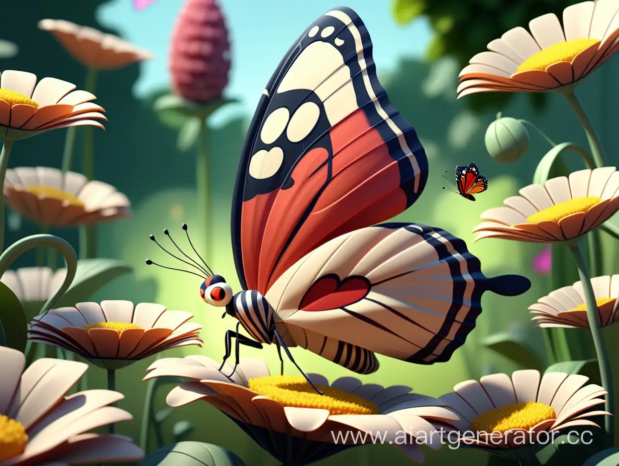 Charming-Cartoon-Scene-Butterfly-Resting-on-Exquisite-Flower