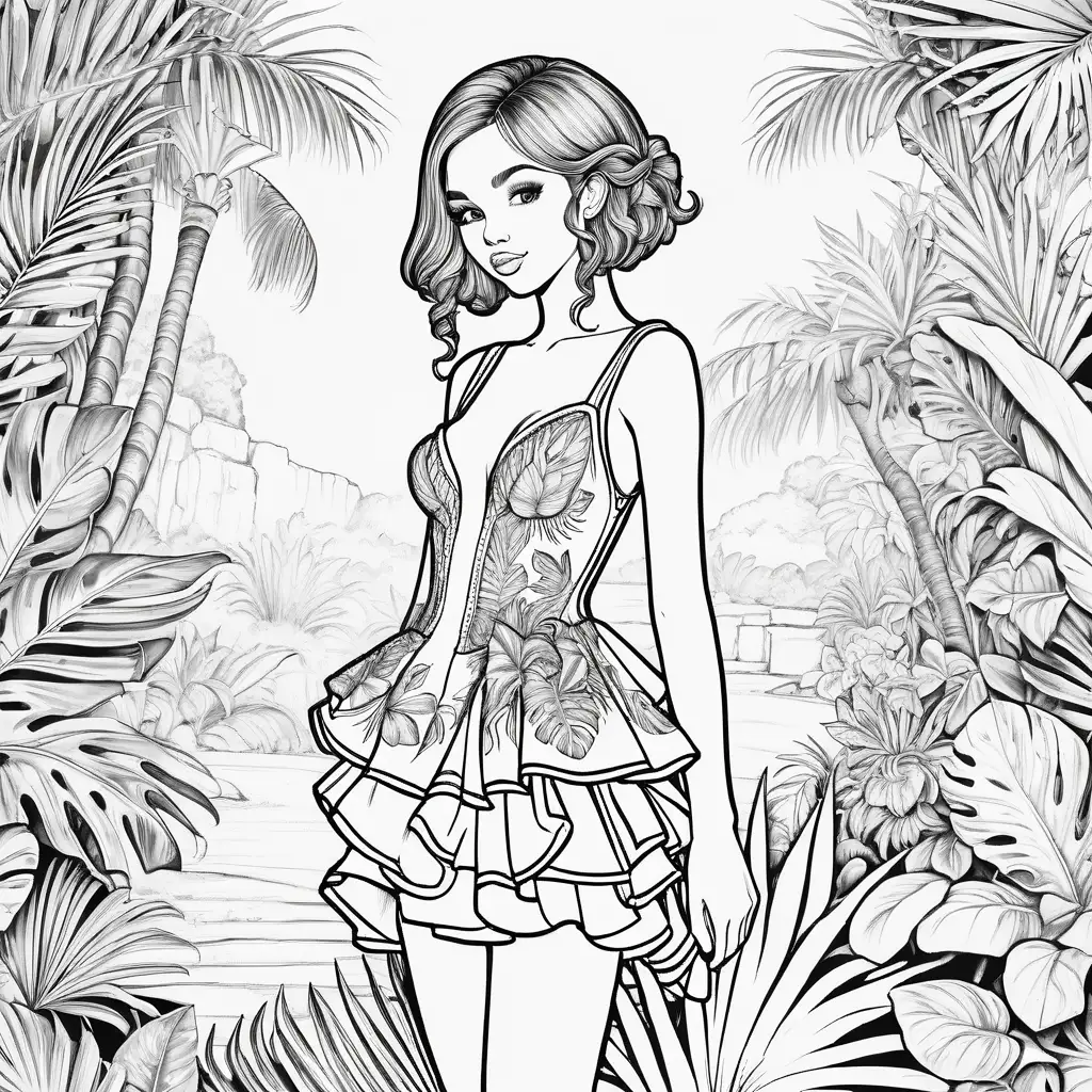 Detailed Black and White Coloring Book High Fantasy Teenage Model in Tropical Peplum Dress