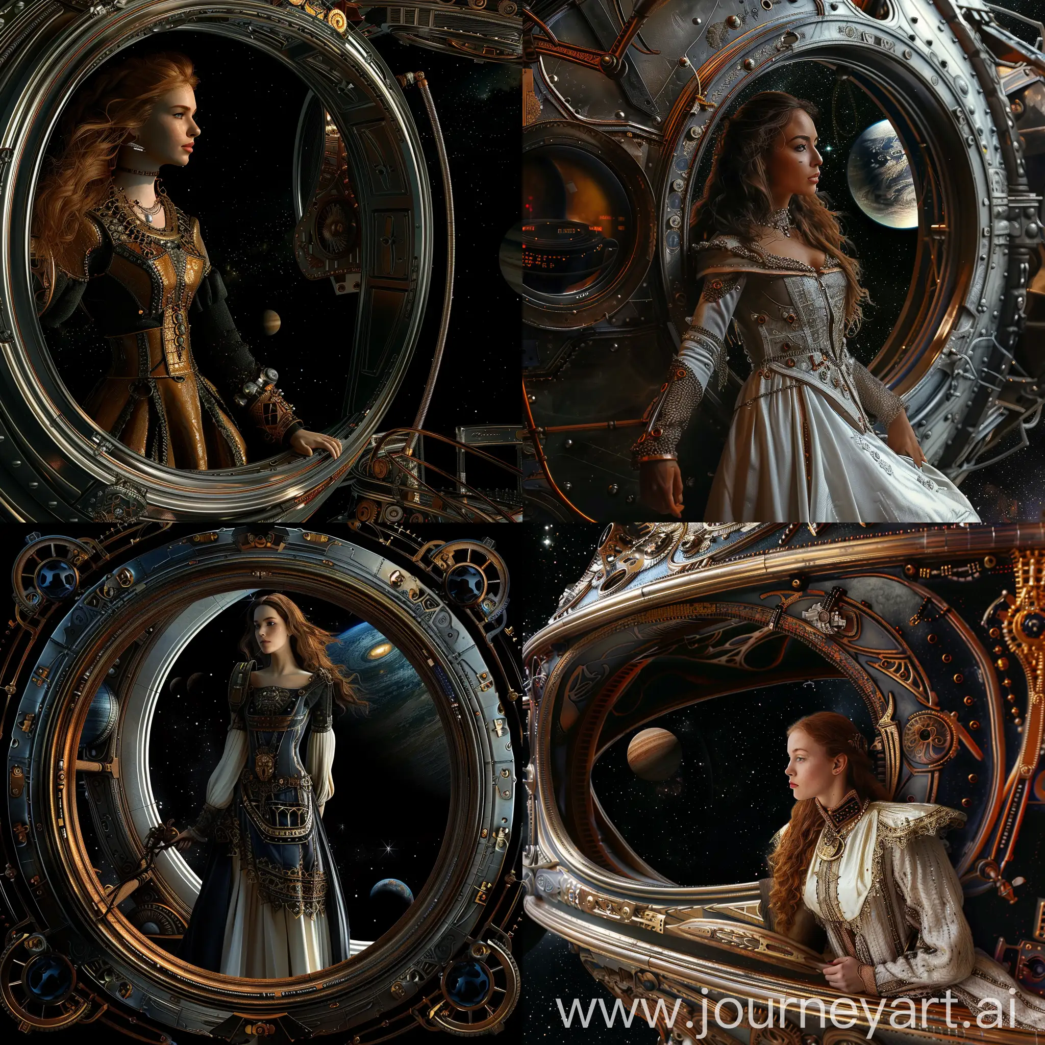 A beautiful medieval steampunk sci fi woman standing inside a futuristic sci elaborate spaceship ship. Black space,  stars and planets can be seen out of the window