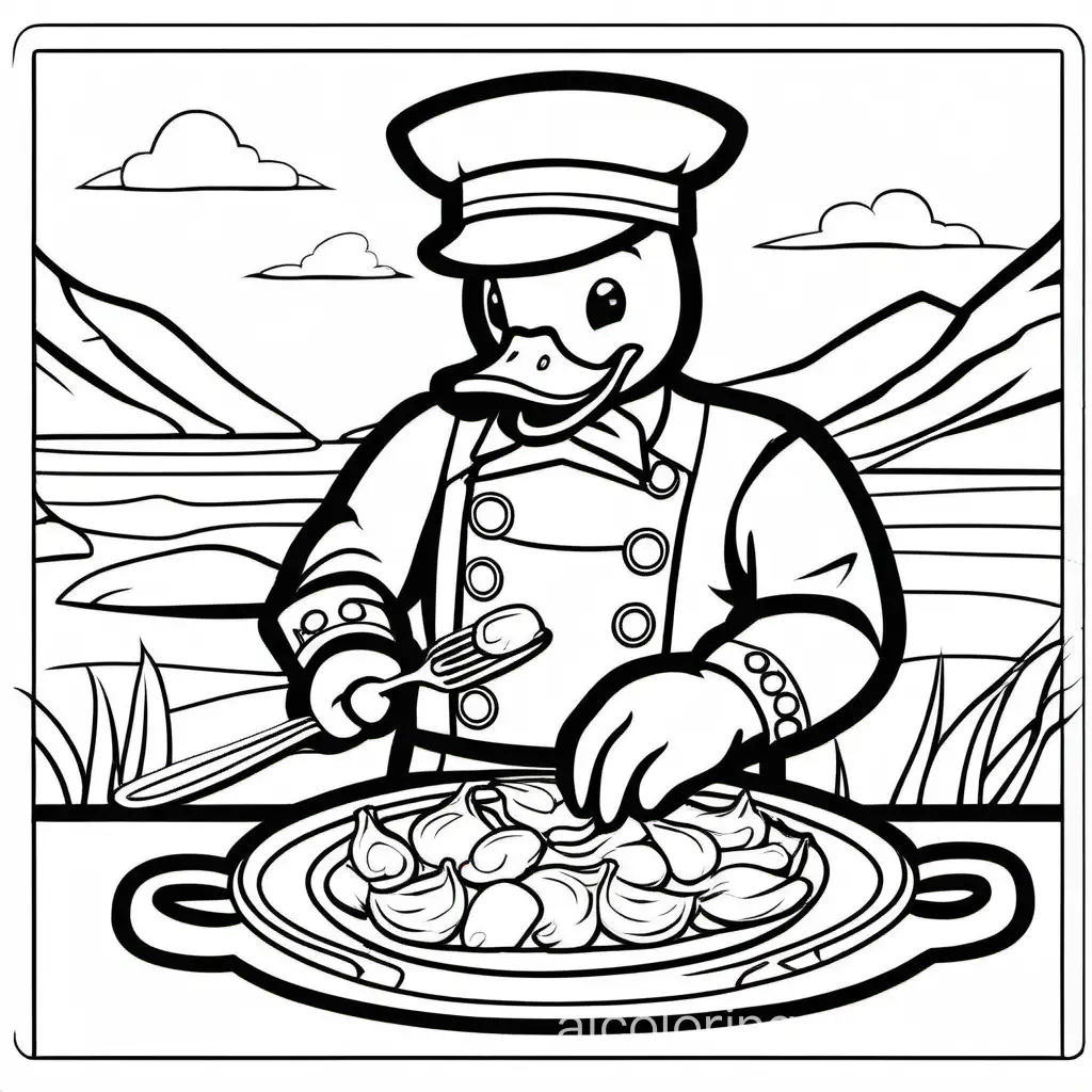 duck chief making dinner, fun coloring page in cartoon style, Coloring Page, black and white, line art, white background, Simplicity, Ample White Space. The background of the coloring page is plain white to make it easy for young children to color within the lines. The outlines of all the subjects are easy to distinguish, making it simple for kids to color without too much difficulty