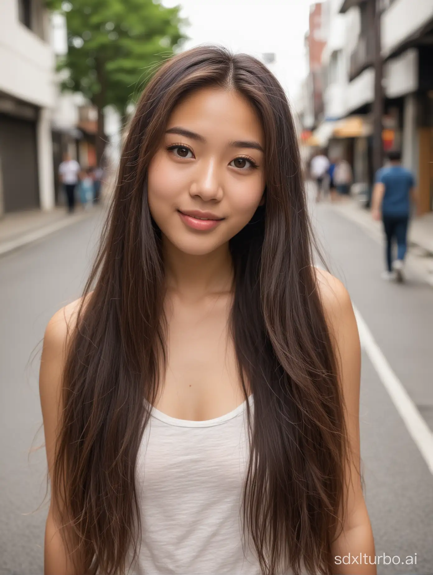 Chinese and Japanese mixed race girl, 18 years old, plump, beautiful, with long flowing hair, standing on the street looking at the camera with affection, half-length shot