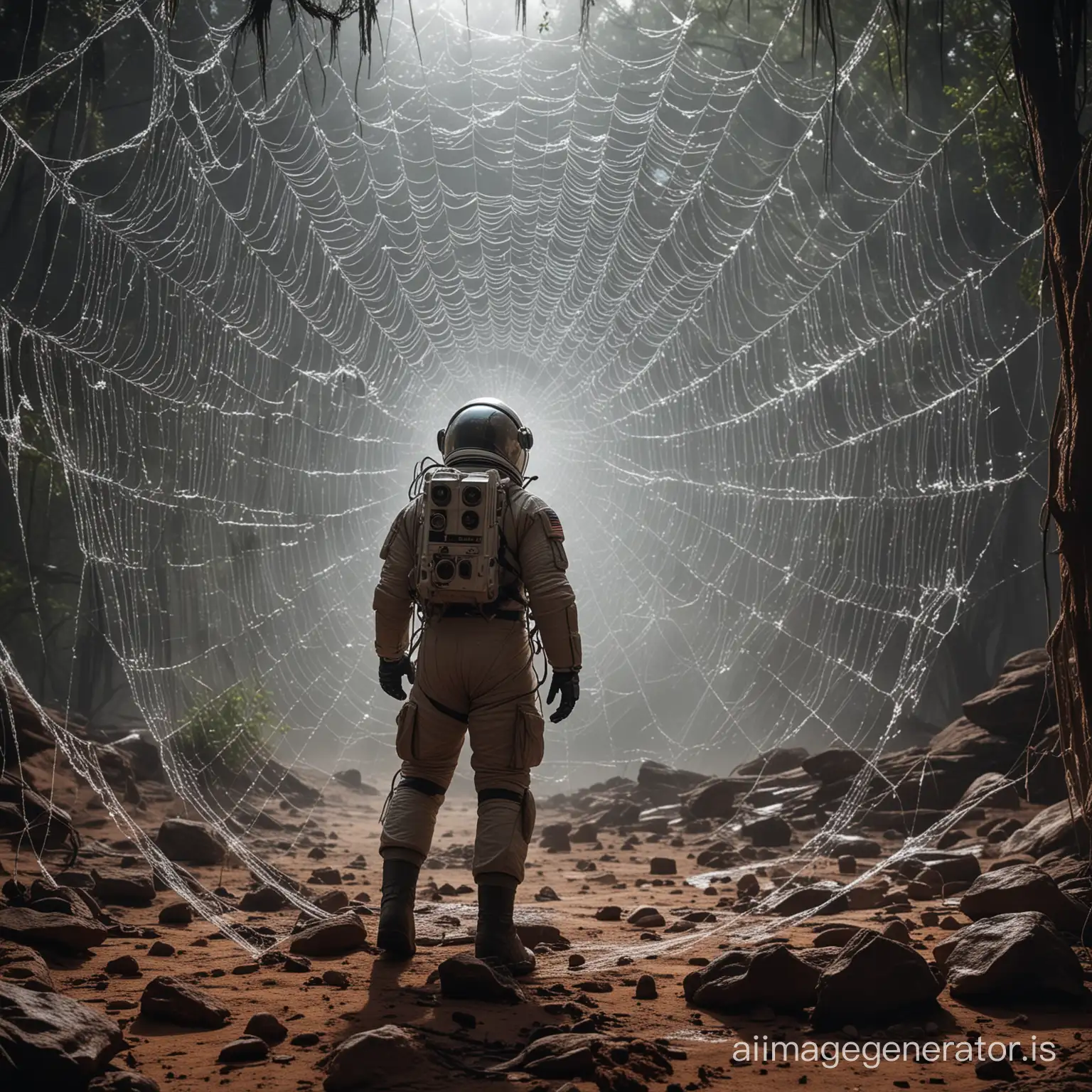 An astronaut trapped in a huge spider web on an unknown planet.