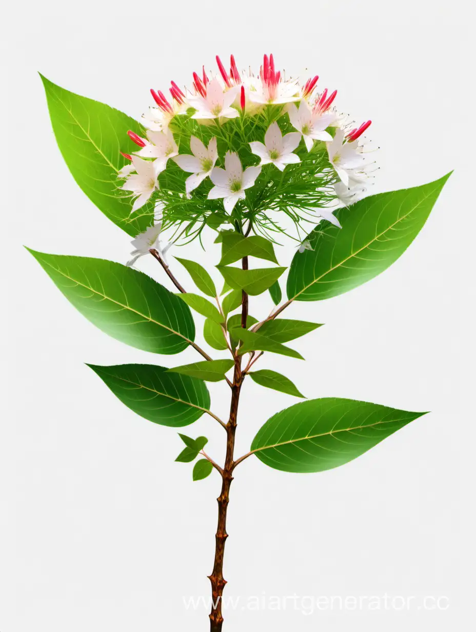 flowering shrubs wild BIG flower 8k ALL FOCUS with natural fresh green 2 leaves on white background 