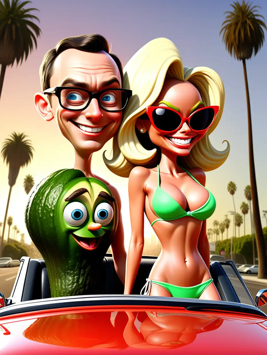 A silly cartoon smiling computer nerd  sheldon cooper from Big Bang Theory, and goofy sexy pamela anderson in a bikini wearing sunglasses, surf board, avocados, surf board in car, riding a red convertible on the Sunset Strip in Los Angeles; background city street lined with palm trees; pixar illustration style