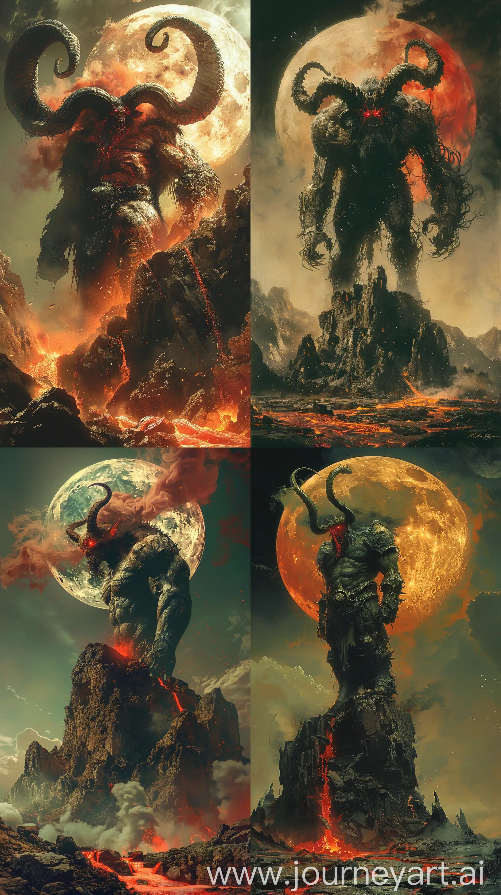  mythical demon lord, hulking figure with iron-clad muscles, horns curling like smoke, eyes glowing fiery red, standing atop a desolate mountain under a blood moon, lava flowing around him, Baroque horror style, high detail, dramatic dark lighting, sense of immense power and terror --ar 9:16 --s 750 --v 6 --c 20