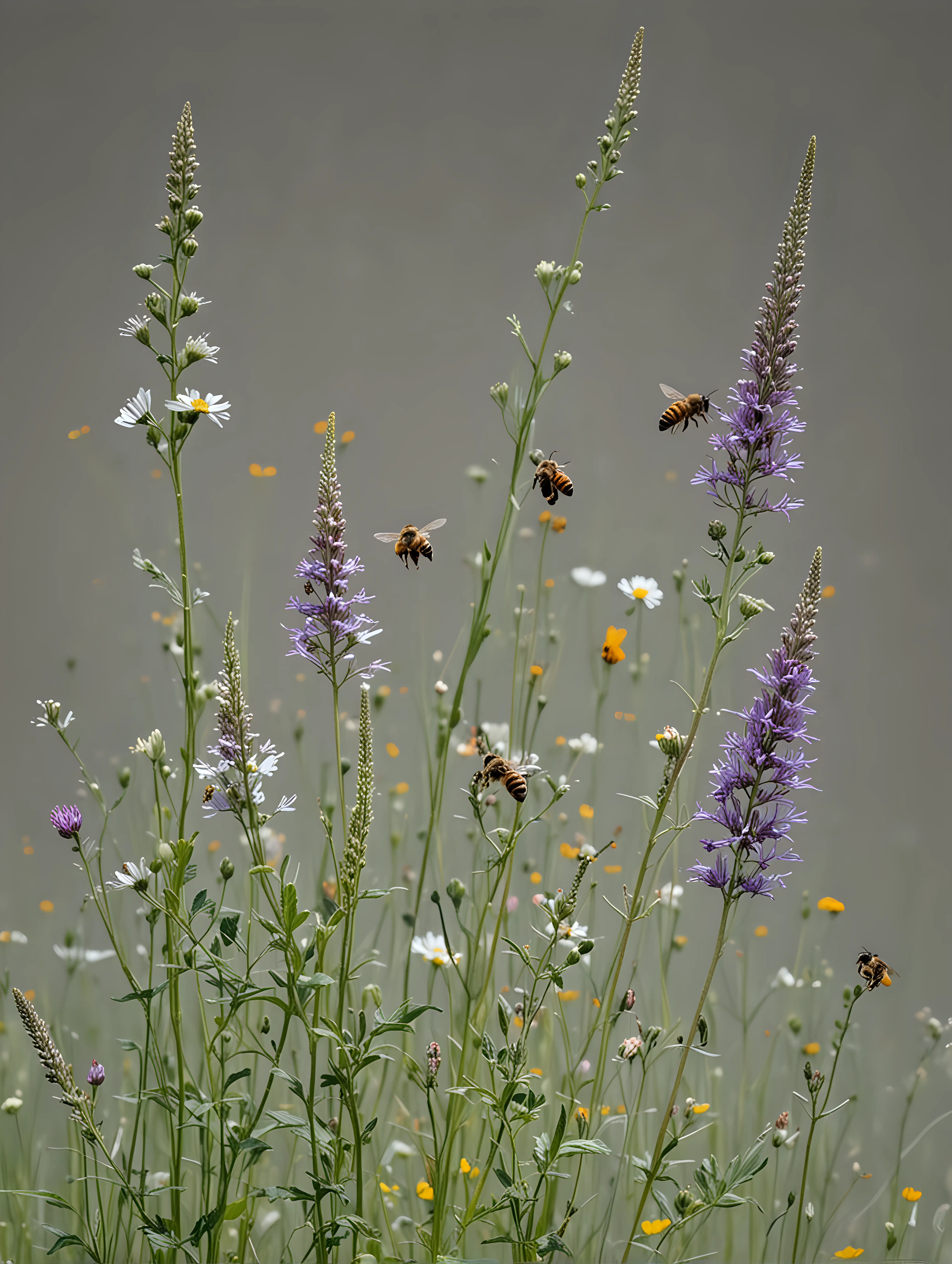 Bees Pollinating Meadow Wildflowers against Neutral Gray Background