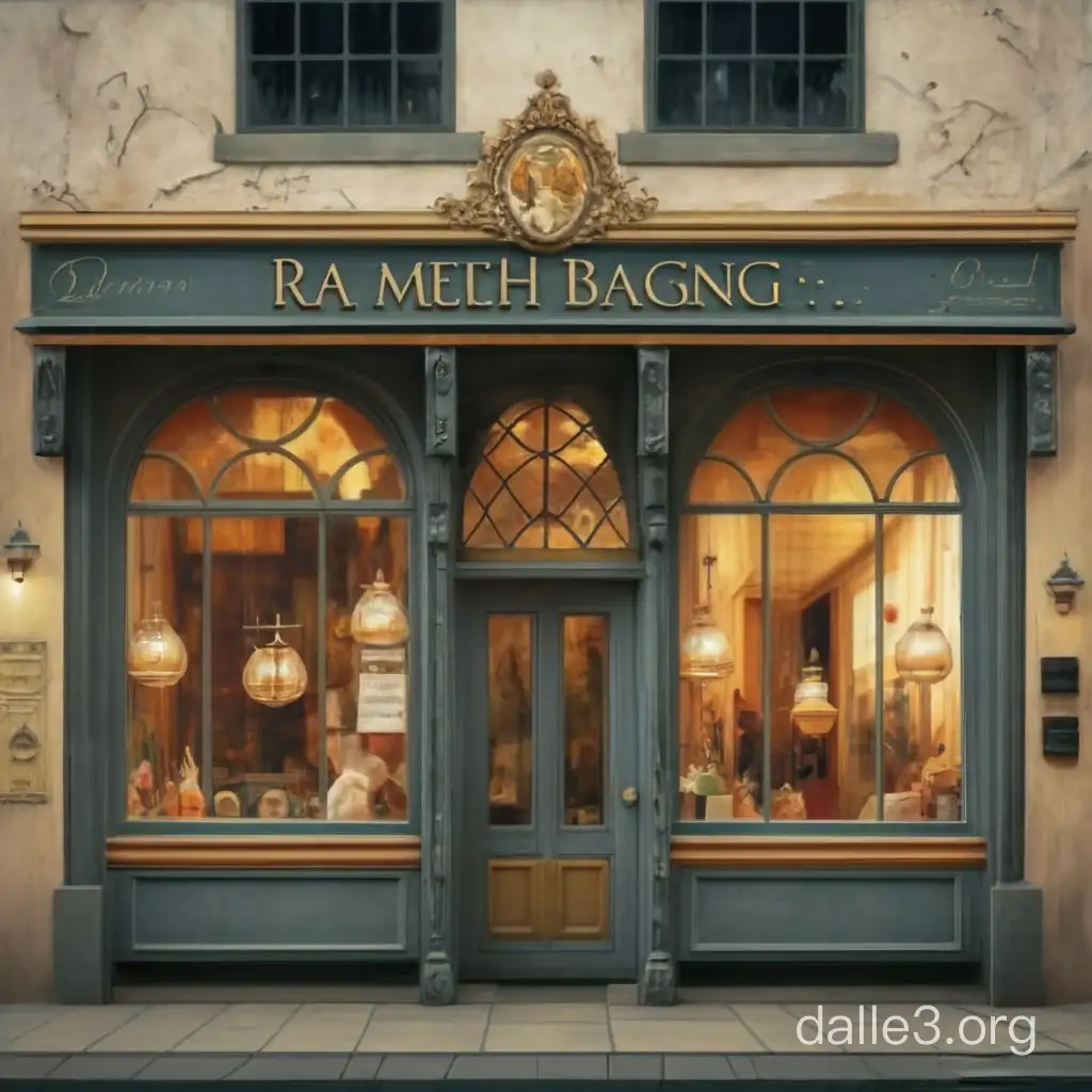 Generate a simple, Rembrandt-style storefront painting. Keep it generic and inviting, with a classic door or window and subtle details. Avoid modern elements or specific branding.