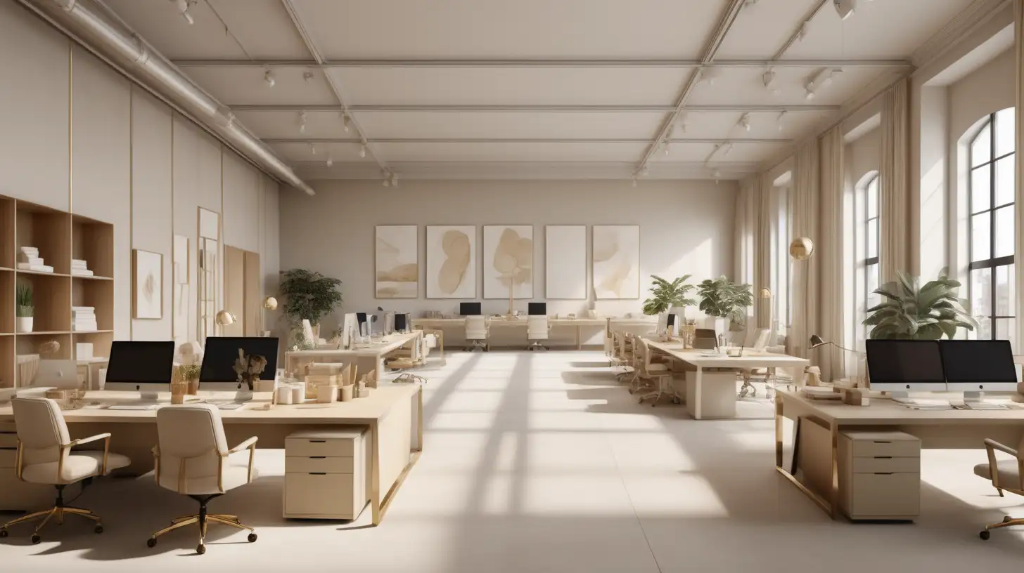 a Hyperrealistic image of an Interior Design firm large, open workspace; beige, light oak, brass,  and ivory colour palette