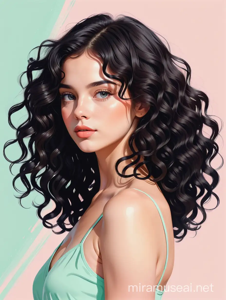 Beauty woman portrait with medium length, black, curly hair, nature pastel paint color poster, vector flat illustration. Fashion pop art minimalist contemporary