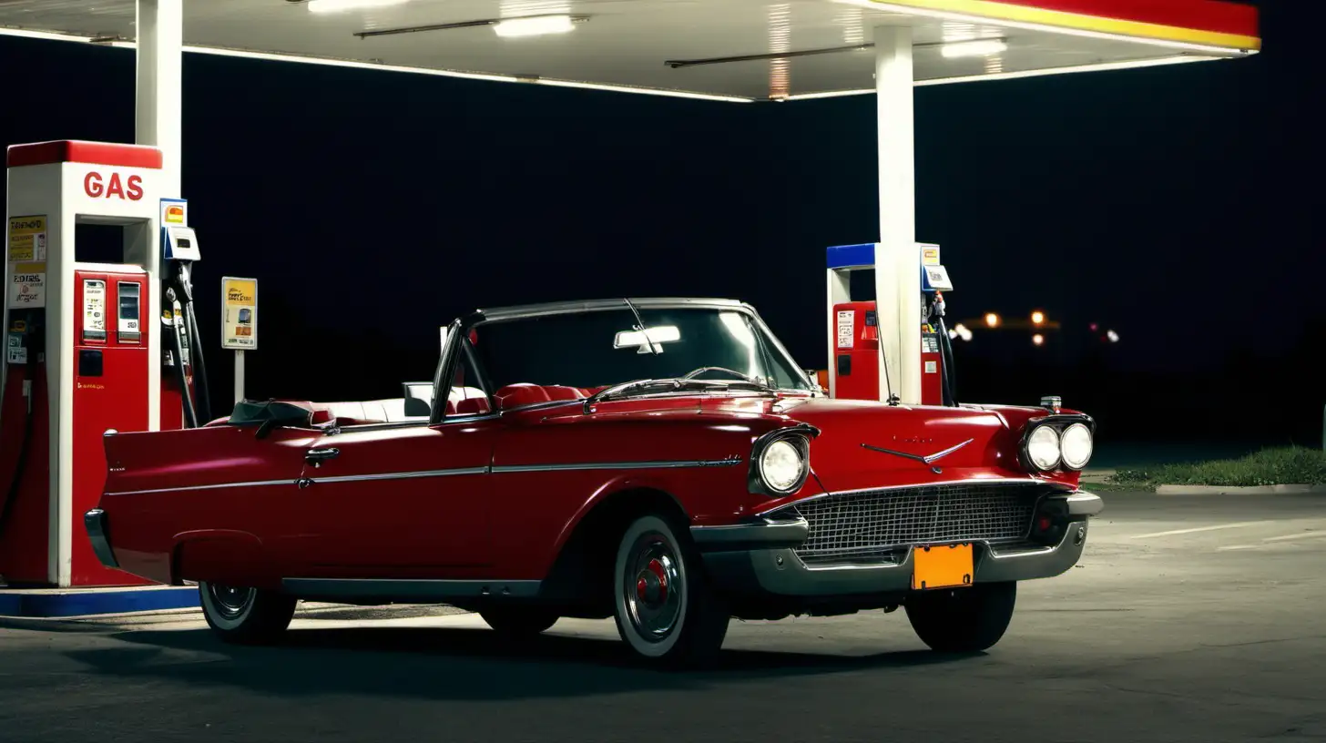 a red convertible car stops at a gas station,  night time 