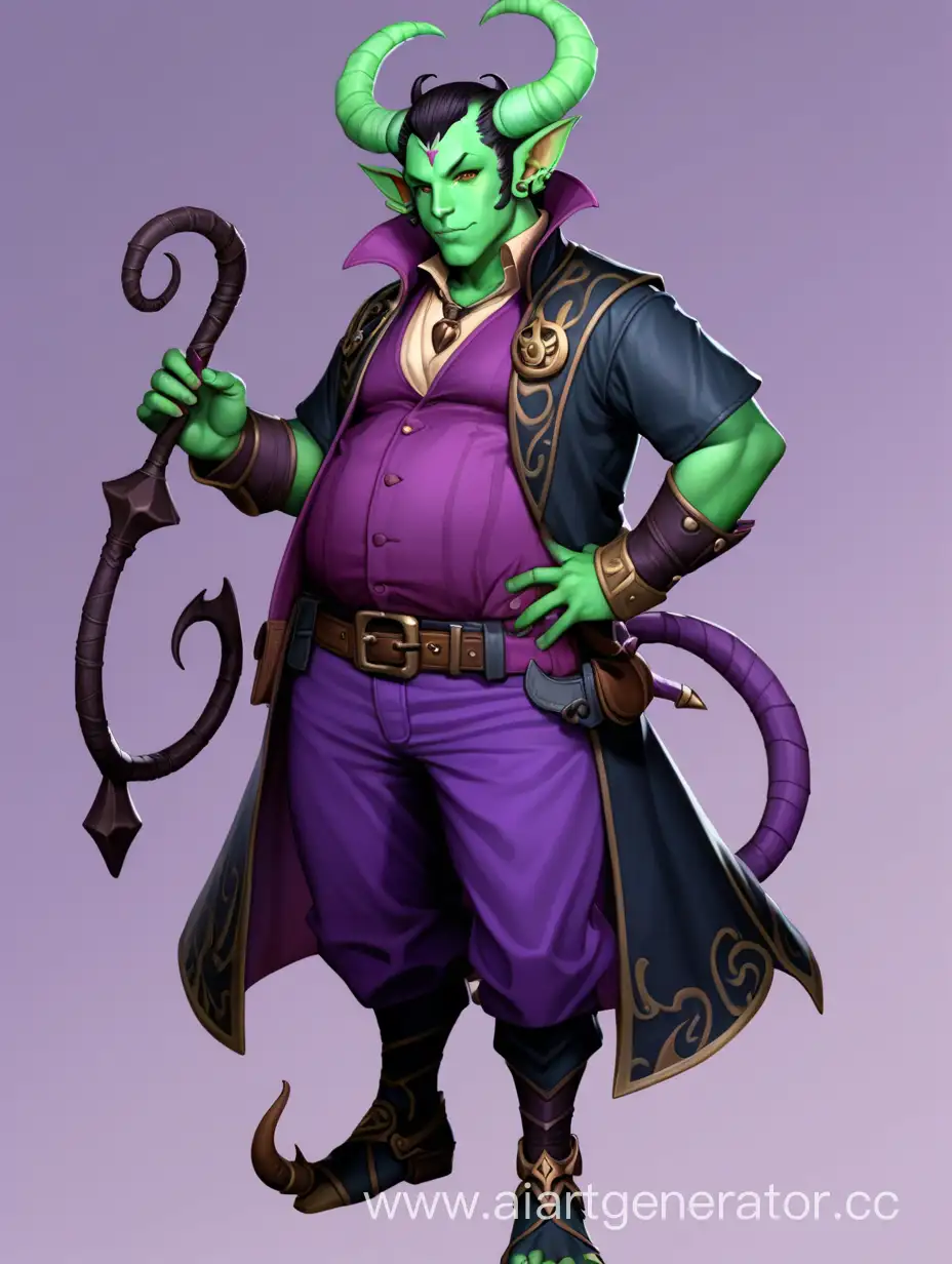 Tiefling, green skin, chubby body, purple bard outfit, short black hair, male character, horns 