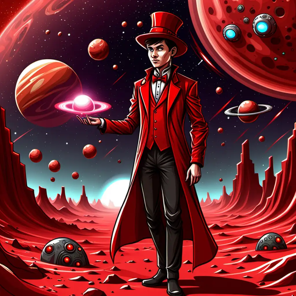 young apprentice magician red, futuristic, red planet scenario (Cartoon).