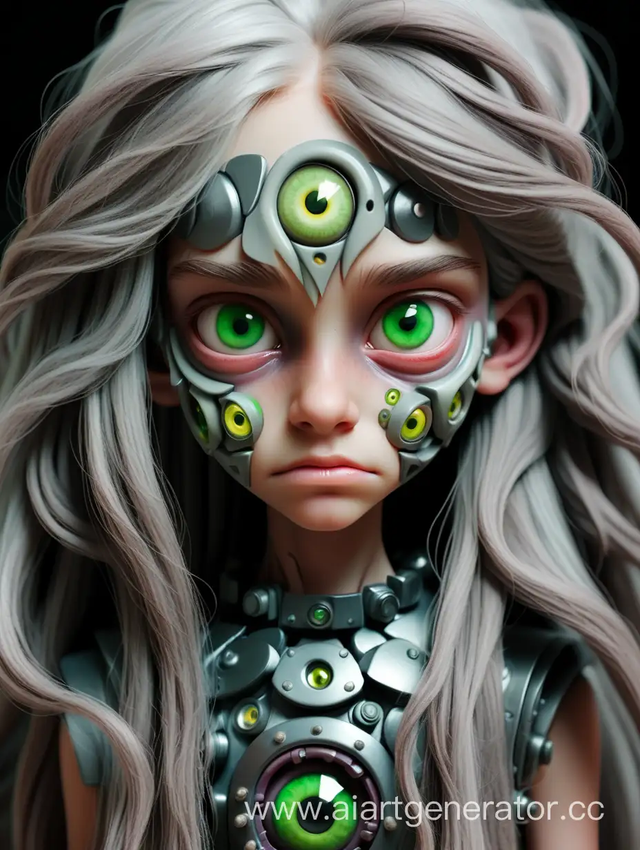 13 летняя девочка зелёными глазами и длиннами серыми волосами, выглядит как монстр из кусков её плоти и механизмов