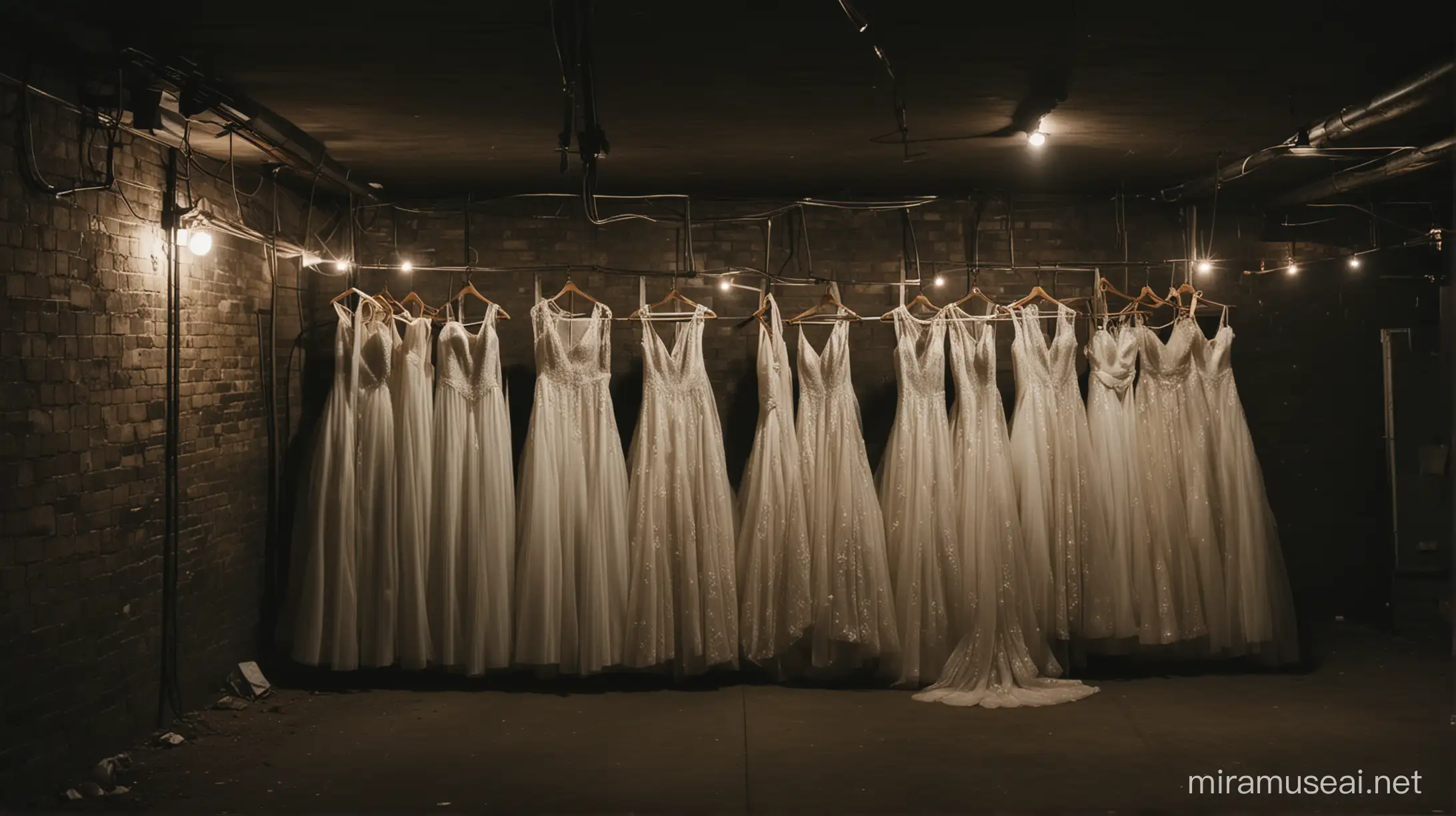 dark basement with dim lighting with wedding dresses hanging on either side