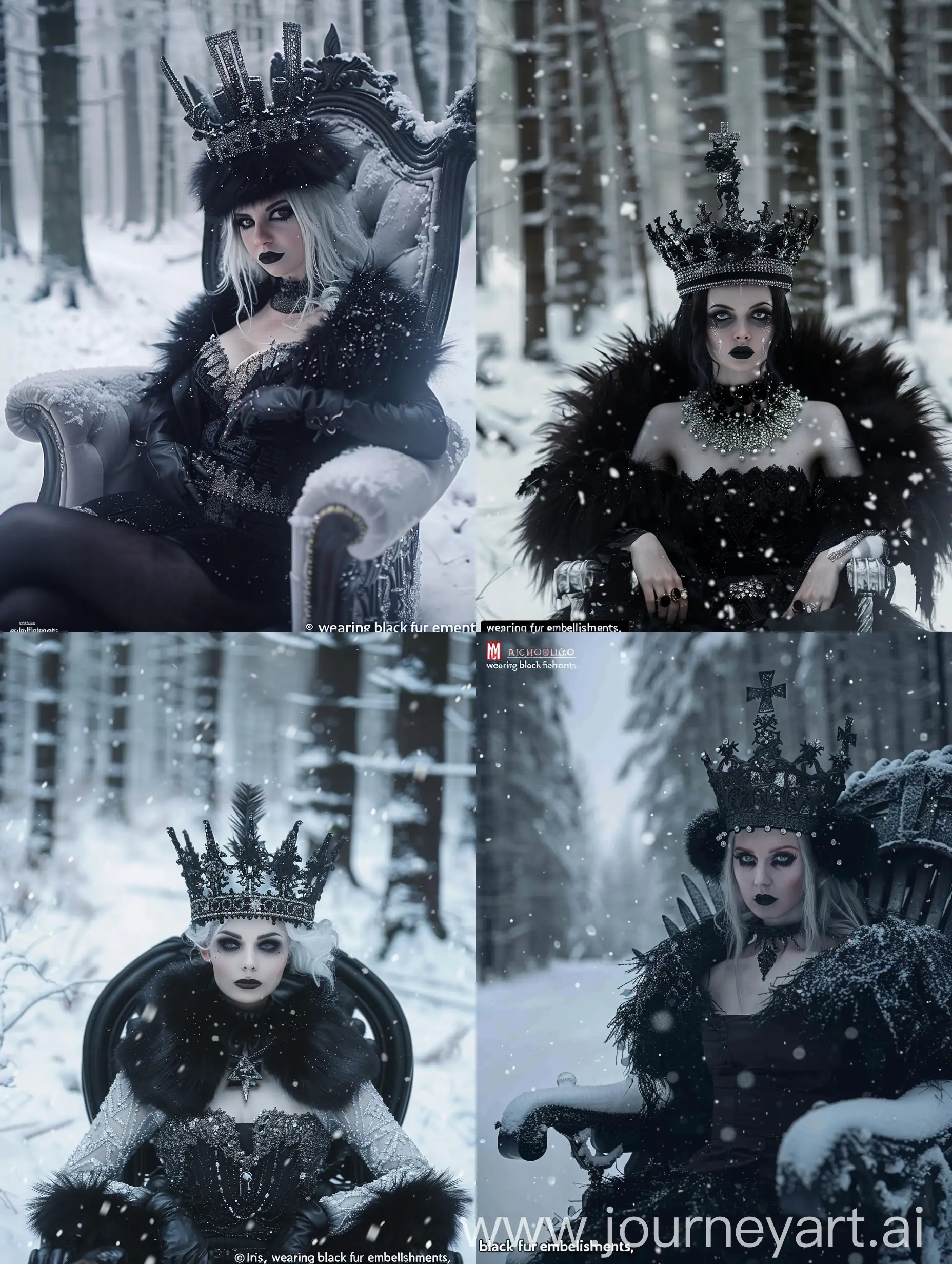 a beautiful evil woman in a crown on a throne, snow covered minimalistic forest, dark around eyes, porcelain skin, heavy winter aesthetics, white witch, eerie ”, wearing black fur embellishments, “diamonds, waist - shot, arctic, dark outside, grey, official, run, tom bagshaw style, attention to details, last photo, horror core, dark horror, saturated, occult core