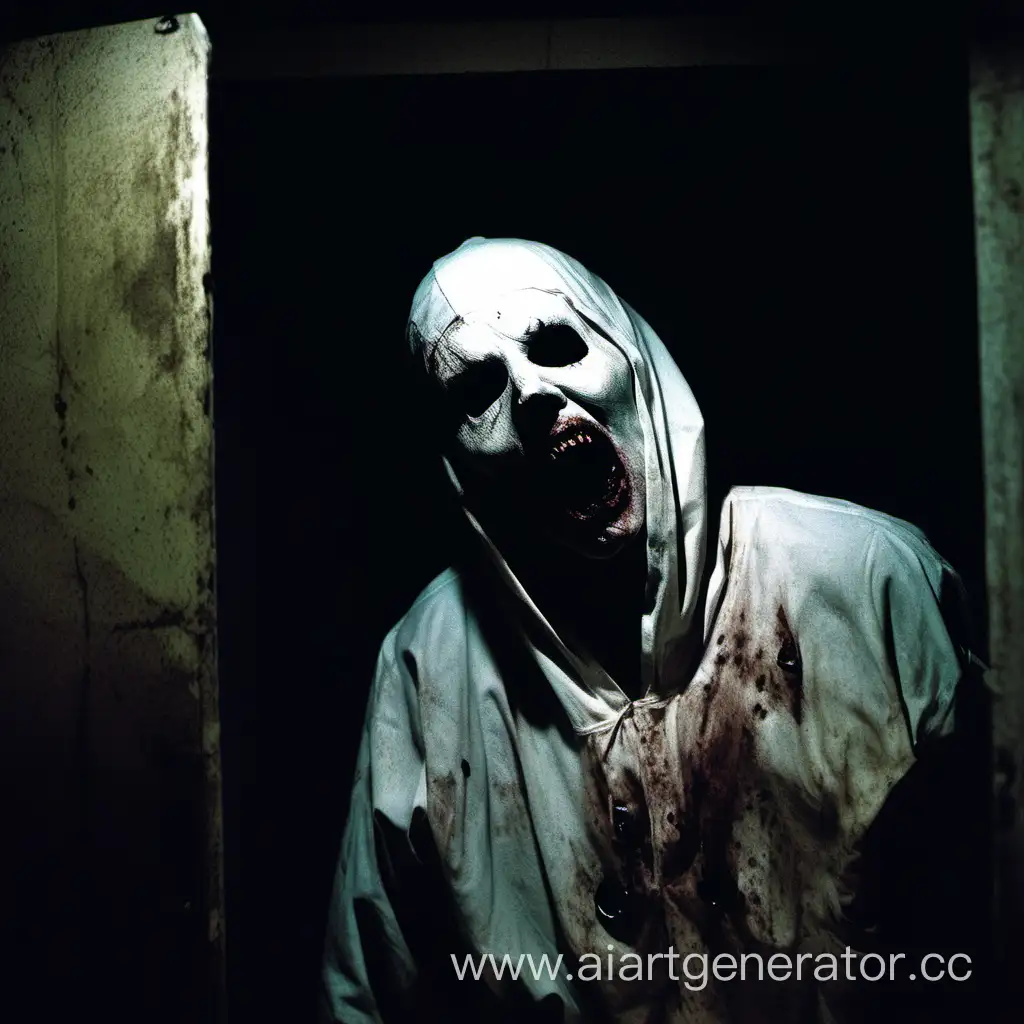 труп с белым лицом и открытым ртом из фильма искатели могил с вытянутым лицом выглядывает из комнаты в подвале морга в сильной темноте