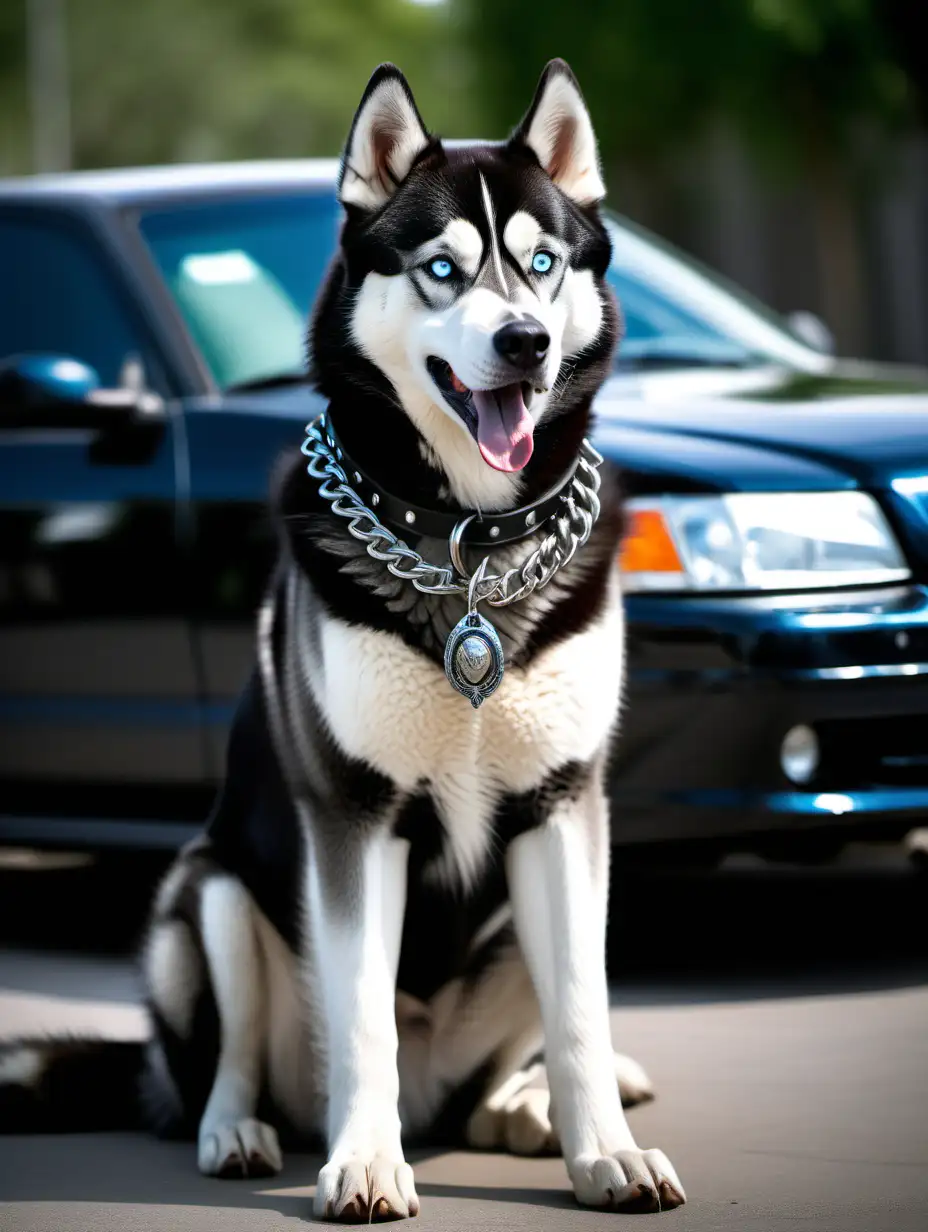 15 foot tall black husky breed dog sitting by a car. beautiful eyes. spiked dog collar. wearing a TS themed charm on its collar. very muscular build. very intricately and microscopically detailed. emphasizing the muscular build of the dog. highlighting the giant size of the dog and the small car. emphasizing the size difference. The key accessory is the husky. ferociously snarling