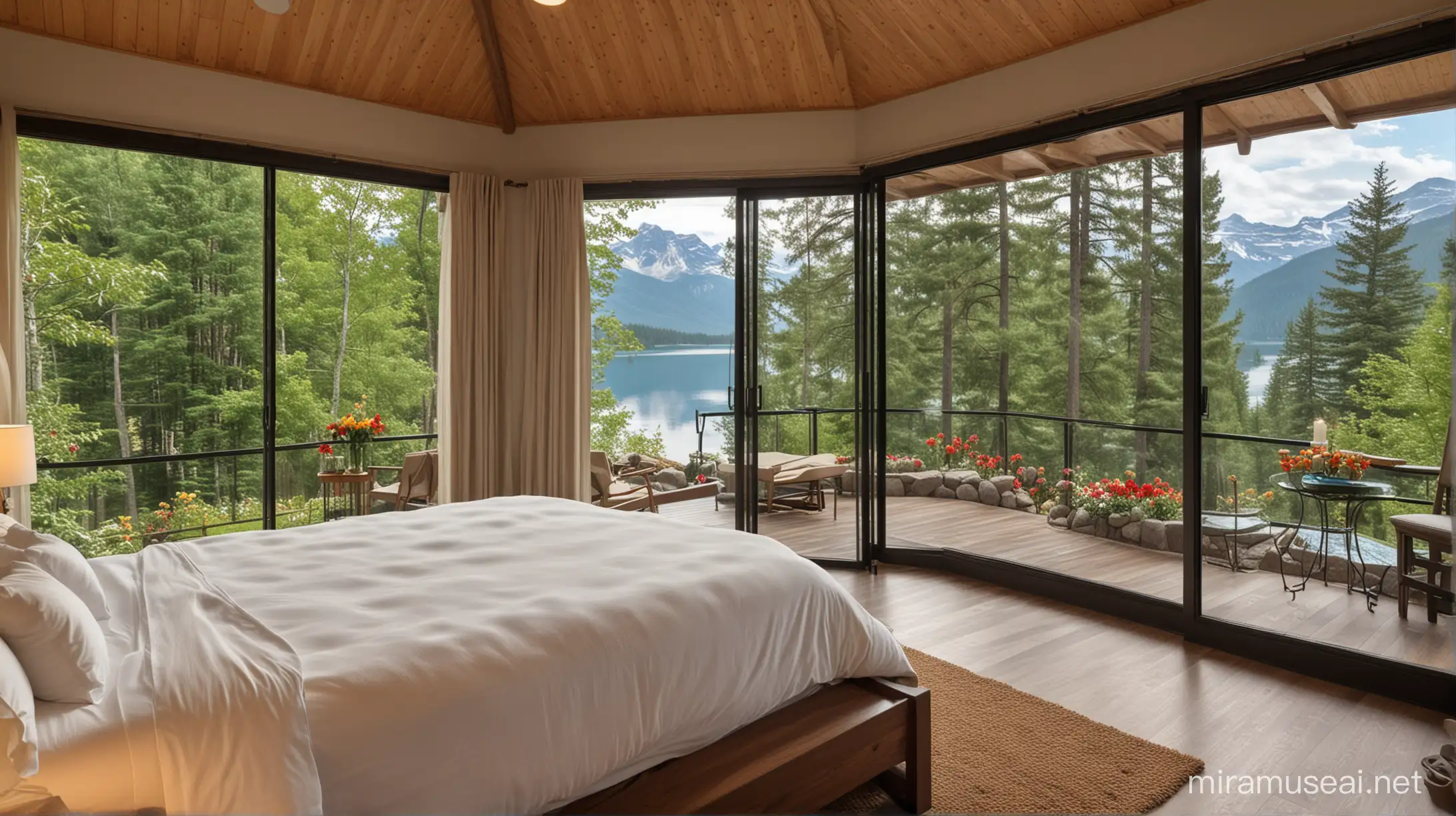 Tranquil Resort Bedroom with Lake and Mountain Views