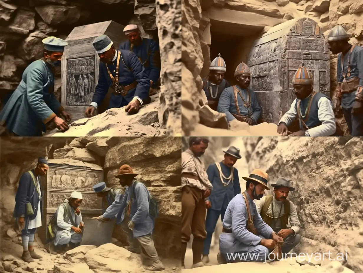 An old realistic 1890s colorized photo of explorers discovering the sarcophagus of ancient egyptian mummy. mummy and sarcophagus.   in ancient dusty tomb. hieroglyphics on walls. realistic.  3 explorers. 1 explorer is a tall man wearing a khaki british desert uniform and a pith helmet. 1 explorer is an old man with a white beard in a pith helmet with spectacles. 1 explorer is an egyptian man in light clothes wearing a fez.  