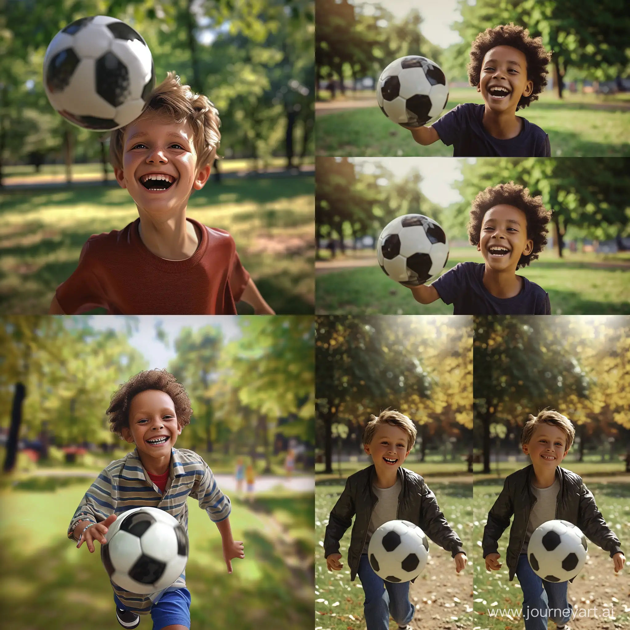 create a photorealistic photograph of a smiling 10 year old kid playing football (soccer) in a park. Please make it as photorealistic as possible, it should be indistinguishible from a regular photo.