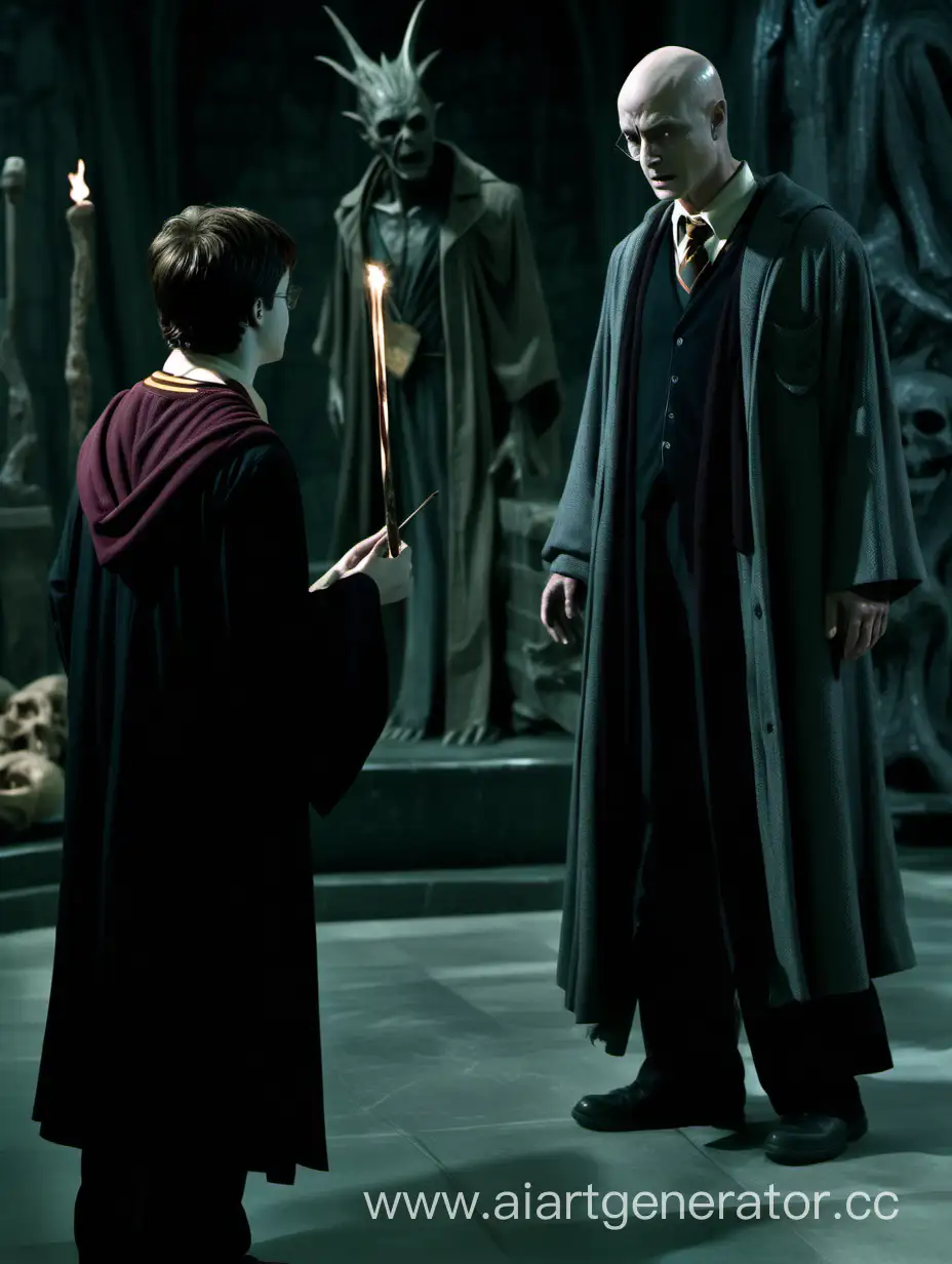 Injured Harry Potter with his wand stands near the death ark in the Department of Mysteries, he watches adult Tom Marvolo Riddle dressed like a 1960s typical adult man standing near it and being shoked.