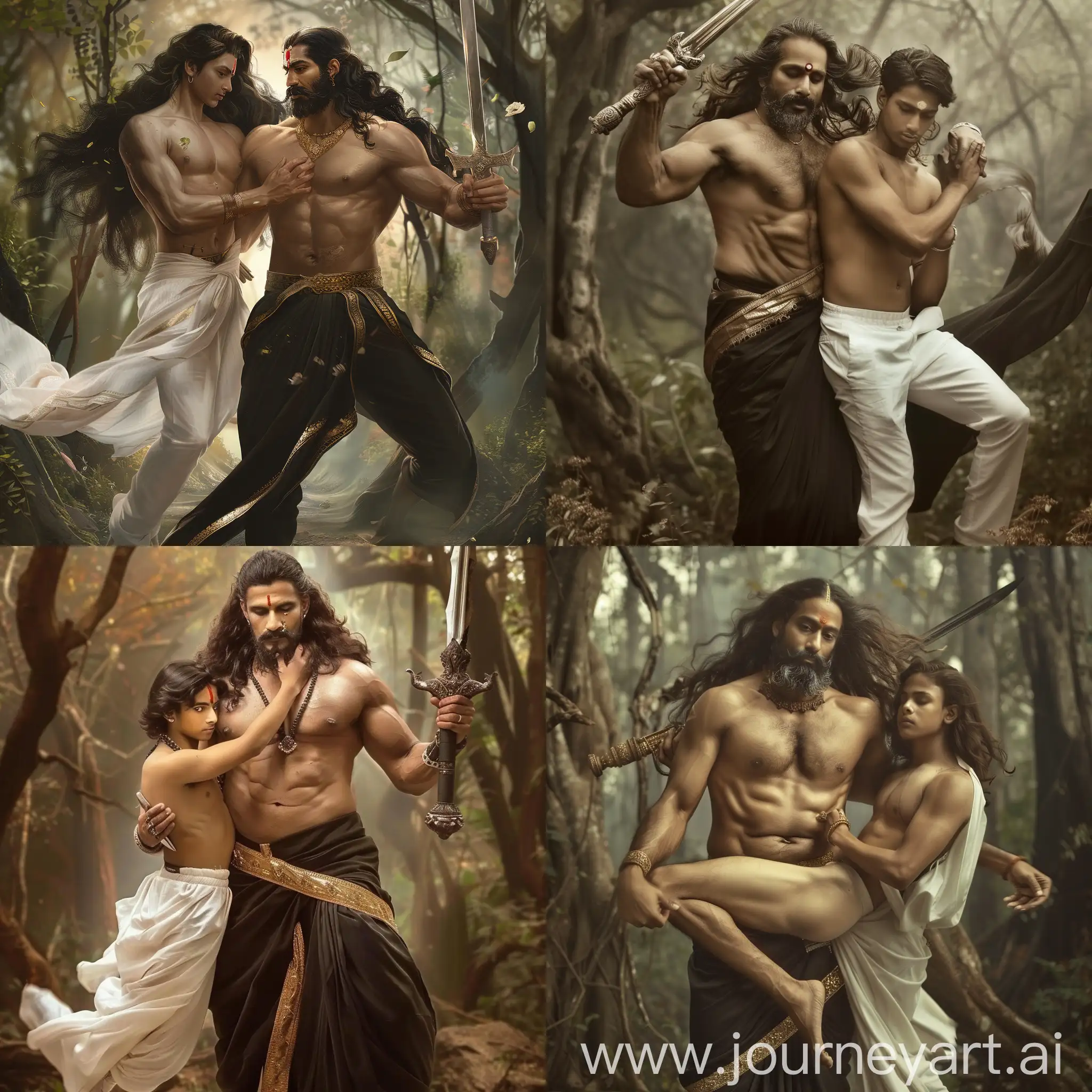 Ancient handome South Indian man, he is very masculine, wearing only a body hugging black dhothi with golder boarder, he have long her, upper body part is completely bare, he has beared and mustace, he has sword in one hand, and he is affectinately holding a young man who is wearing white pants  and  shirt looking modern 25 year old, they are in a forest, dress is flowing in wind. 