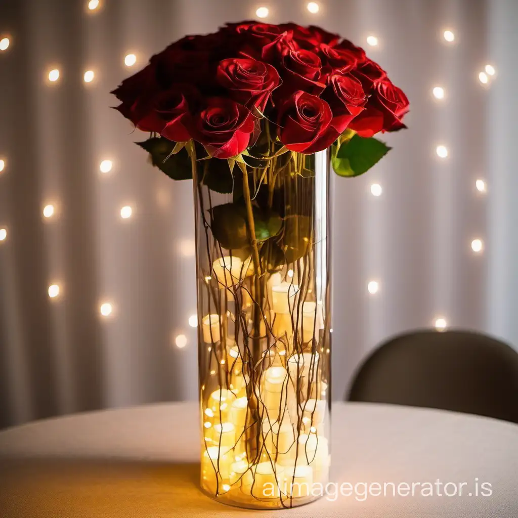create a centerpiece that has red roses in a tall cylinder vase and fairy lights wrapped around the rose stems inside the vase