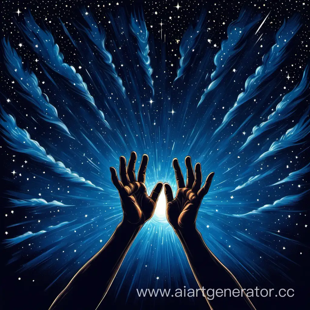 руки мужчины тянутся к ночному звездному небу реалистично в ярких  синих цветах
