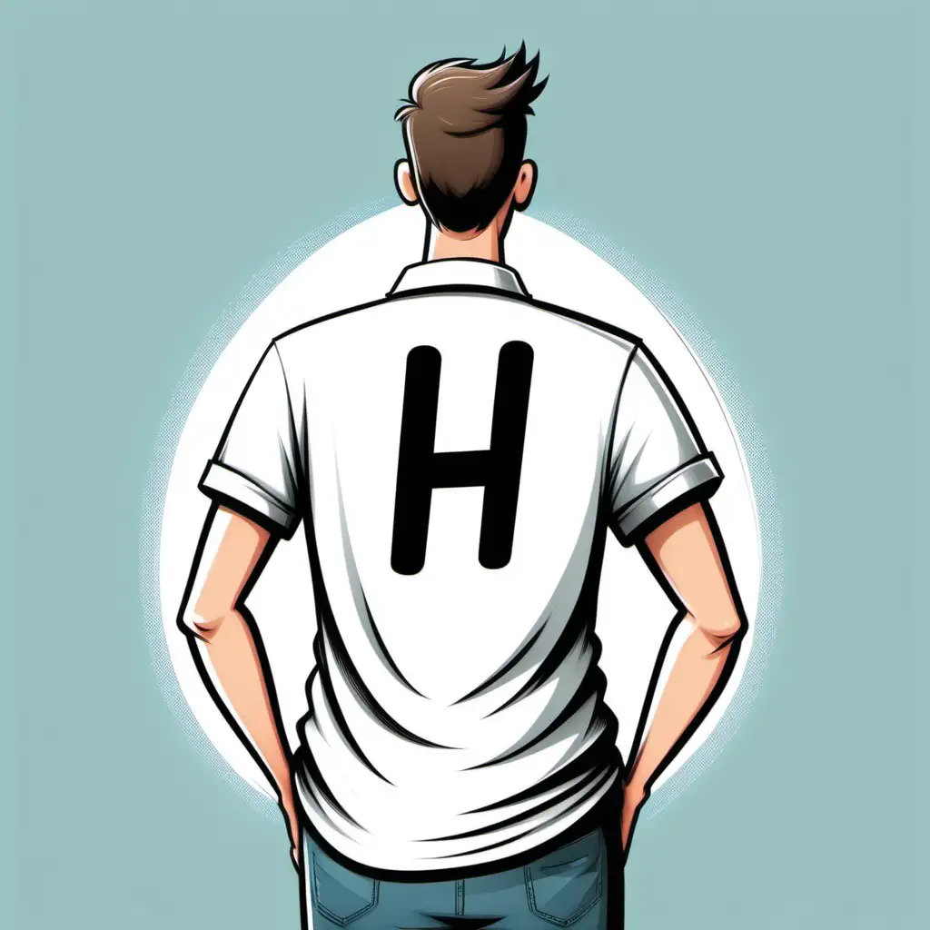 Cartoon white guy from the back with a H on his shirt