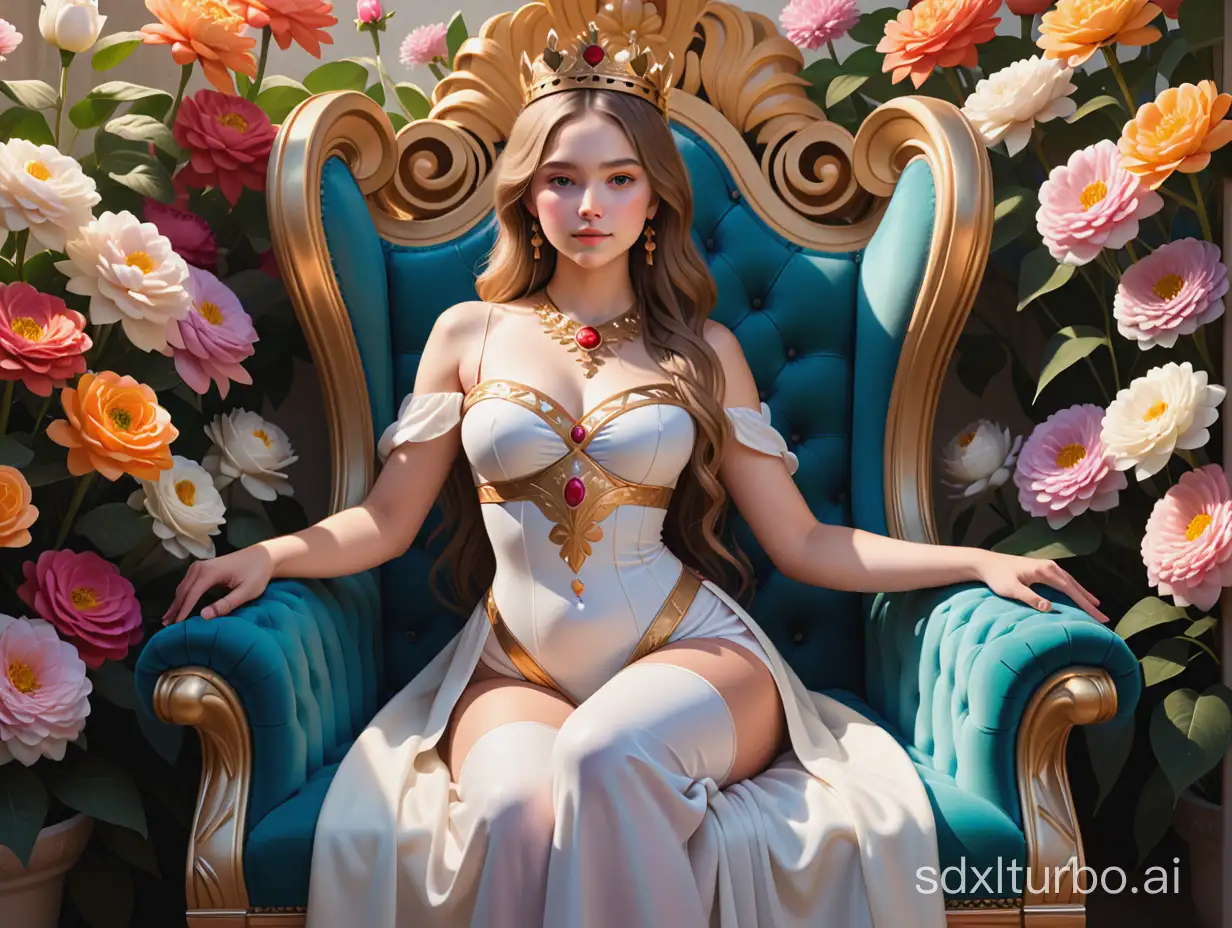 young queen of Miranda on her throne, surrounded by flowers