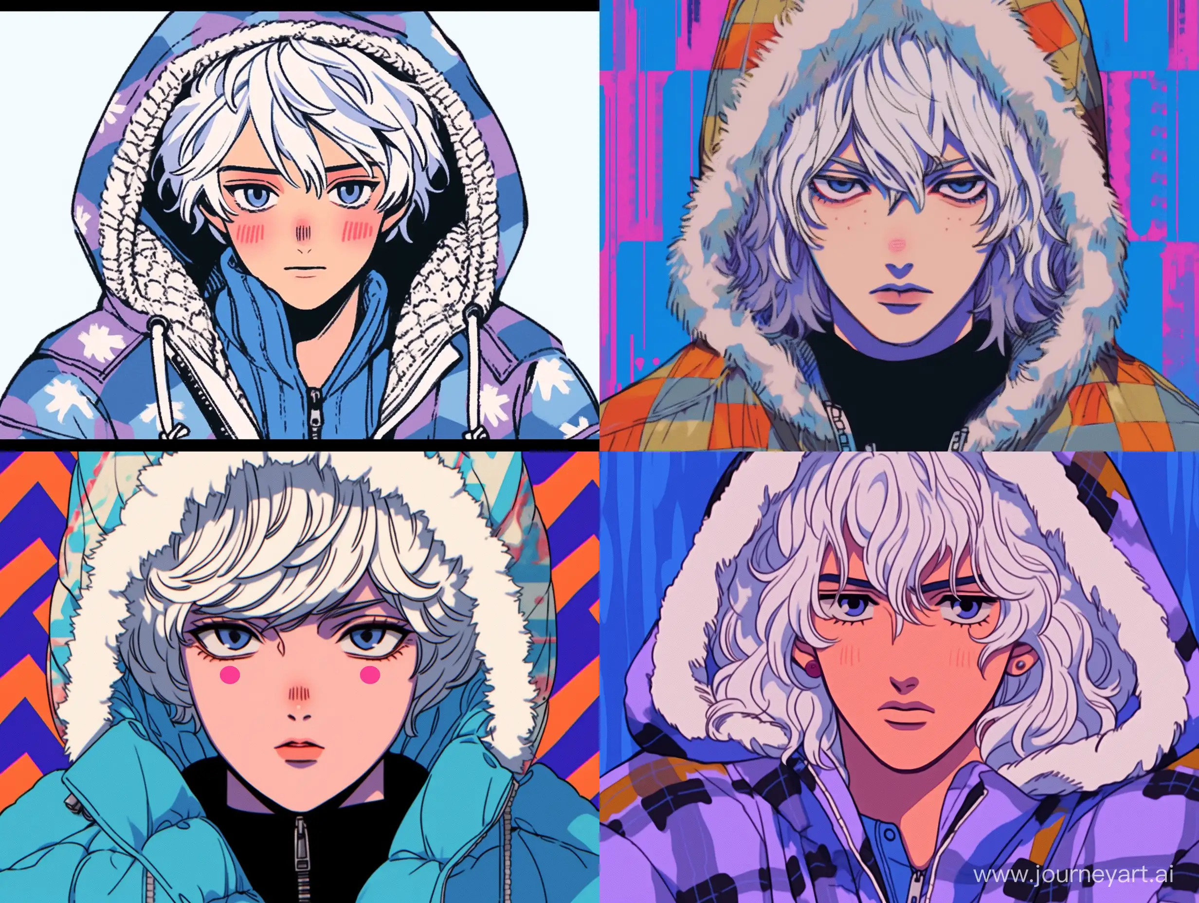 man, white hair, blue painted lips, androgynous attractive face, blue jacket with a hood, checkered patterns on the vest, cassette pattern on the background, hirohiko araki face style, pop art style --s 90 --niji 5 