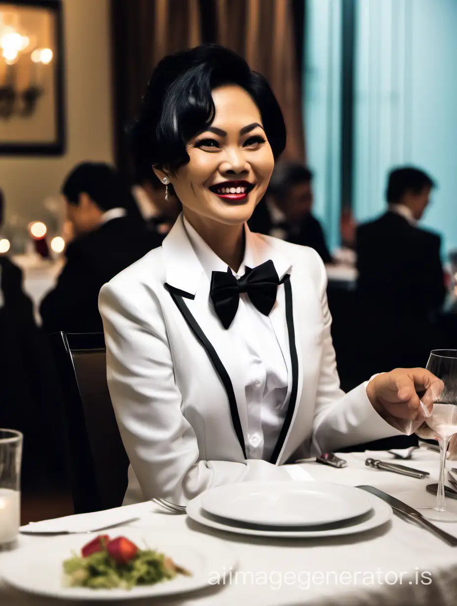 A 40 year old Vietnamese woman wearing a black tuxedo jacket and a white shirt and a black bow tie and big cufflinks is sitting at a dinner table.  She is smiling.  She has black hair and is wearing lipstick.
