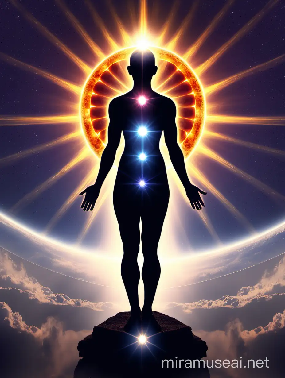 PLEASE CREATE A HUMAN BEING WITH CHAKRAS ILLUMINATED BY THE PORTAL OF A SOLAR ECLIPSE