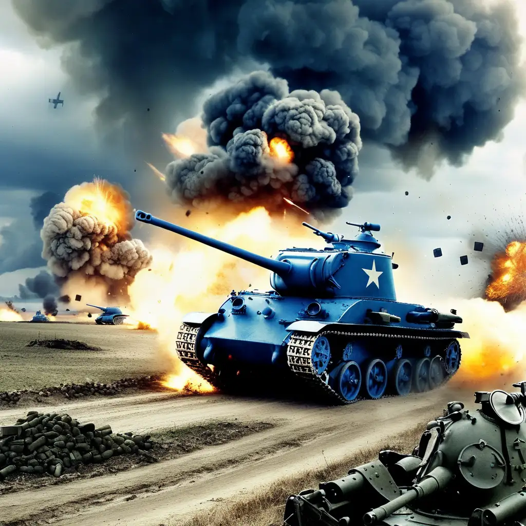 WW2 battlefield, blue tank, explosions
