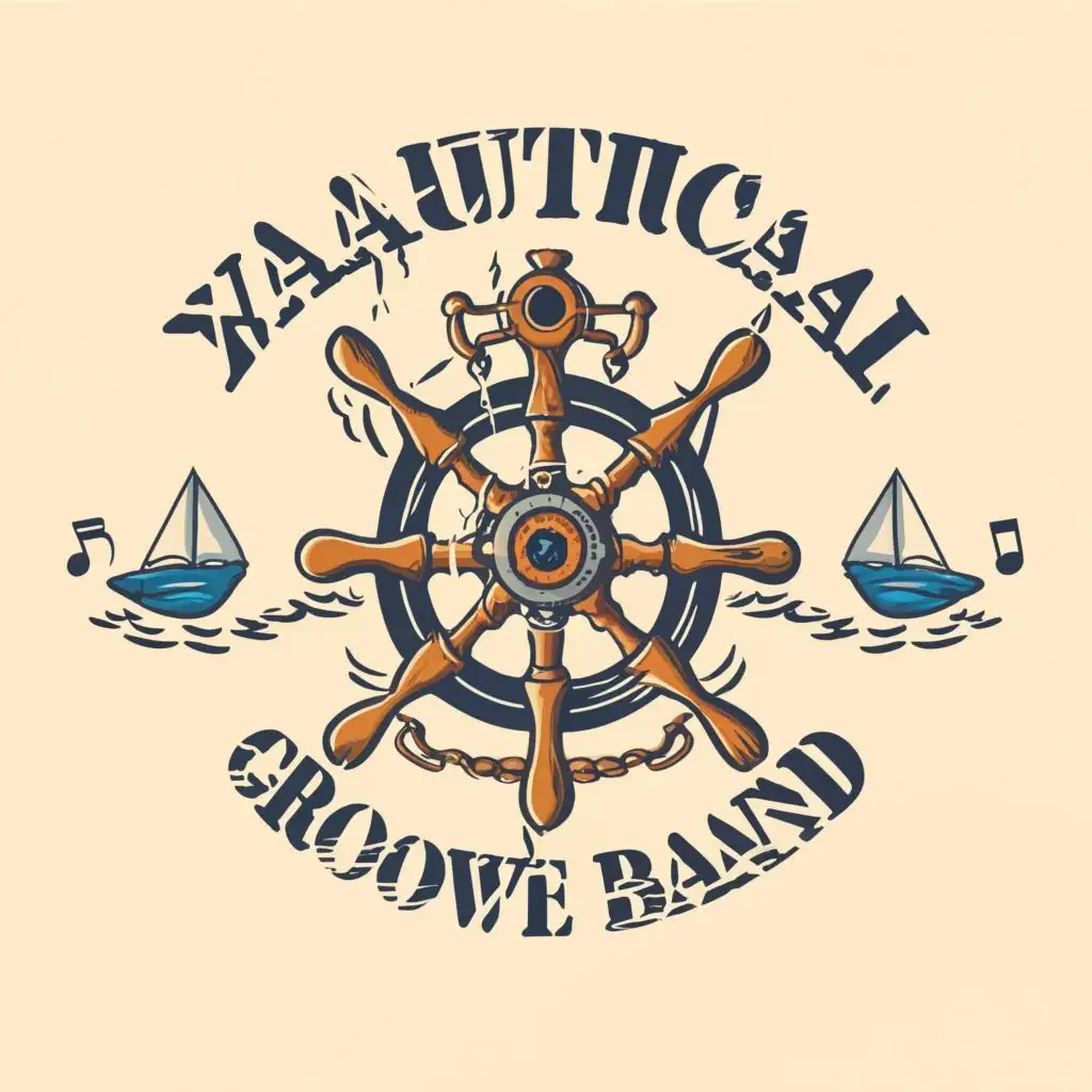 logo, Yacht rock music, helm, rutter, 
 boat, yachts 
guitars, music notes
, with the text "Nautical Groove Band", typography, be used in Entertainment industry