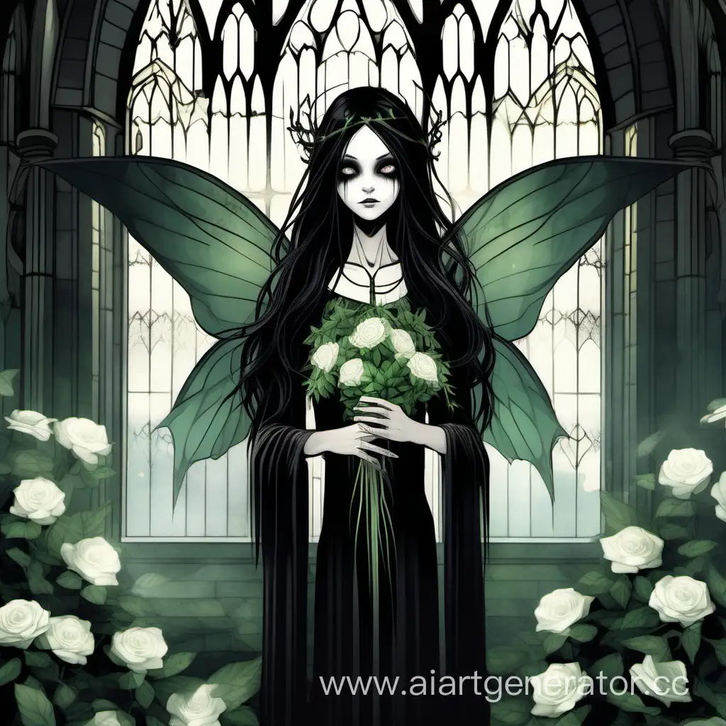 A shadow fairy from a gloomy forest with fairy wings, with white skin, in a Gothic church, with long black hair and light green eyes, with white flowers, with church crosses