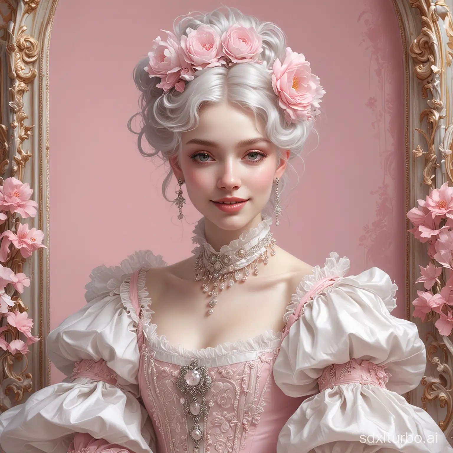 I'm so white 'n' nerdy, deep pastel pink, white, pastel silver hues, rococo, victorian, renaissance, medieval, characterart, klimt and mucha, mysterious,magical ambiance, smile
Style by Harrison Fisher and Brian Froud and Jeremy Mann and Alexandre Cabanel and Giovanni Boldini and Julie Bell and Gustave Klimt