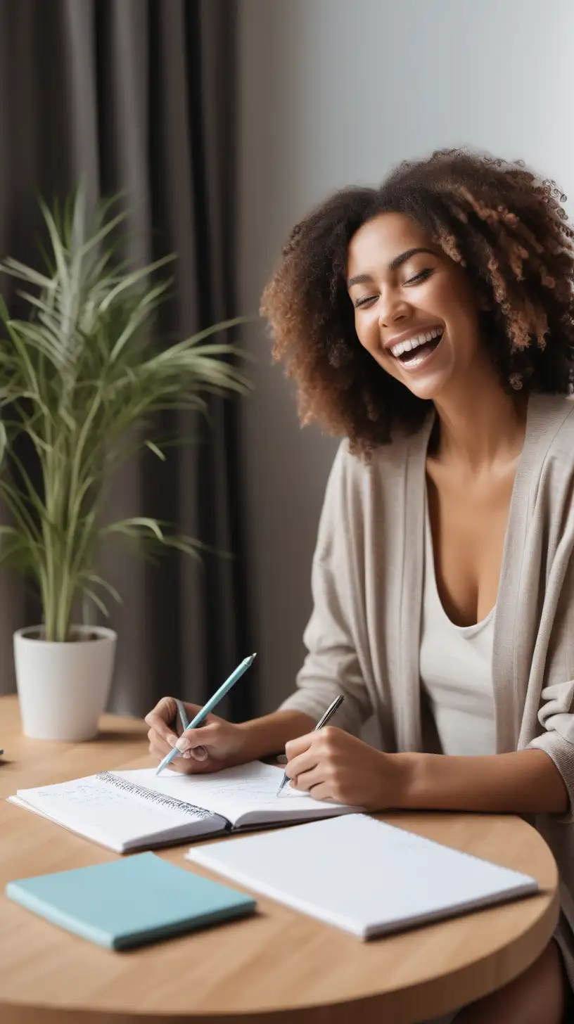 Woman writing down her goals for the year ticking them off looking super happy