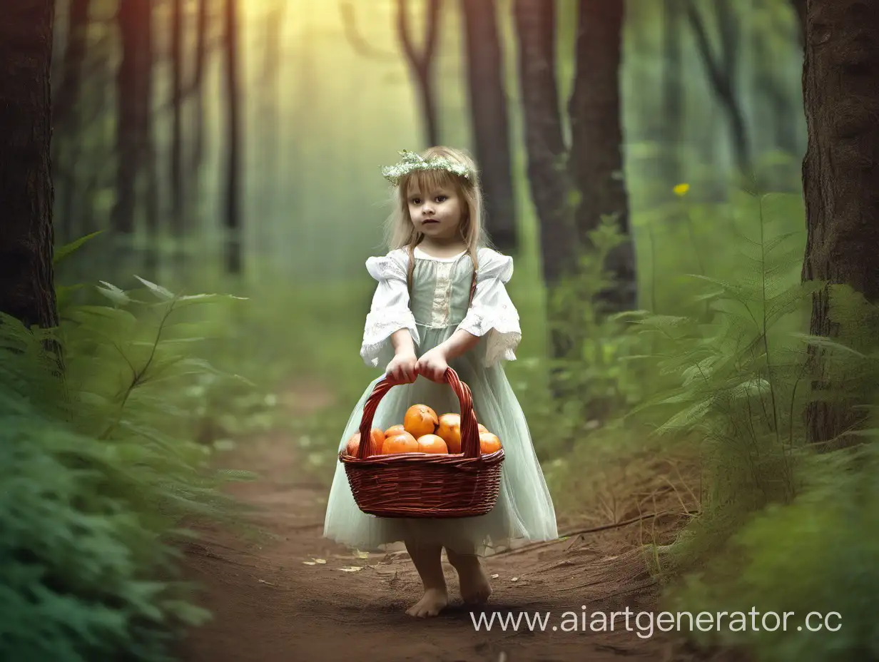 Маленькая девочка с корзинкой гуляет по лесу, в стиле сказки
