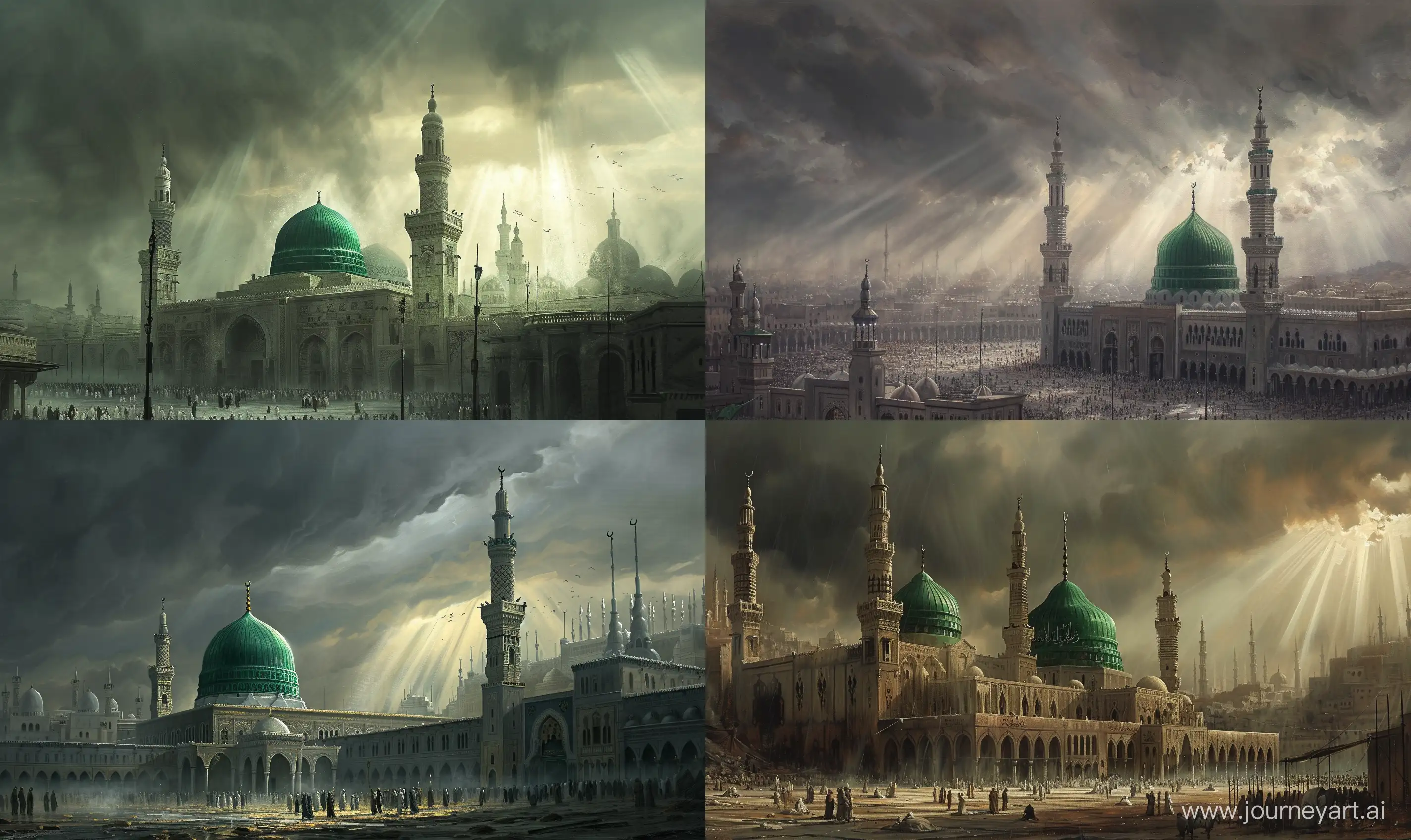 medieval Renaissance painting in Sandro Botticelli style, depicting the Grand mosque of Medina with a Green dome of masjid nabawi, medieval era, few sun rays coming out from the cloudy sky, dark grey weather, pilgrims, calm environment --ar 5:3 --v 6